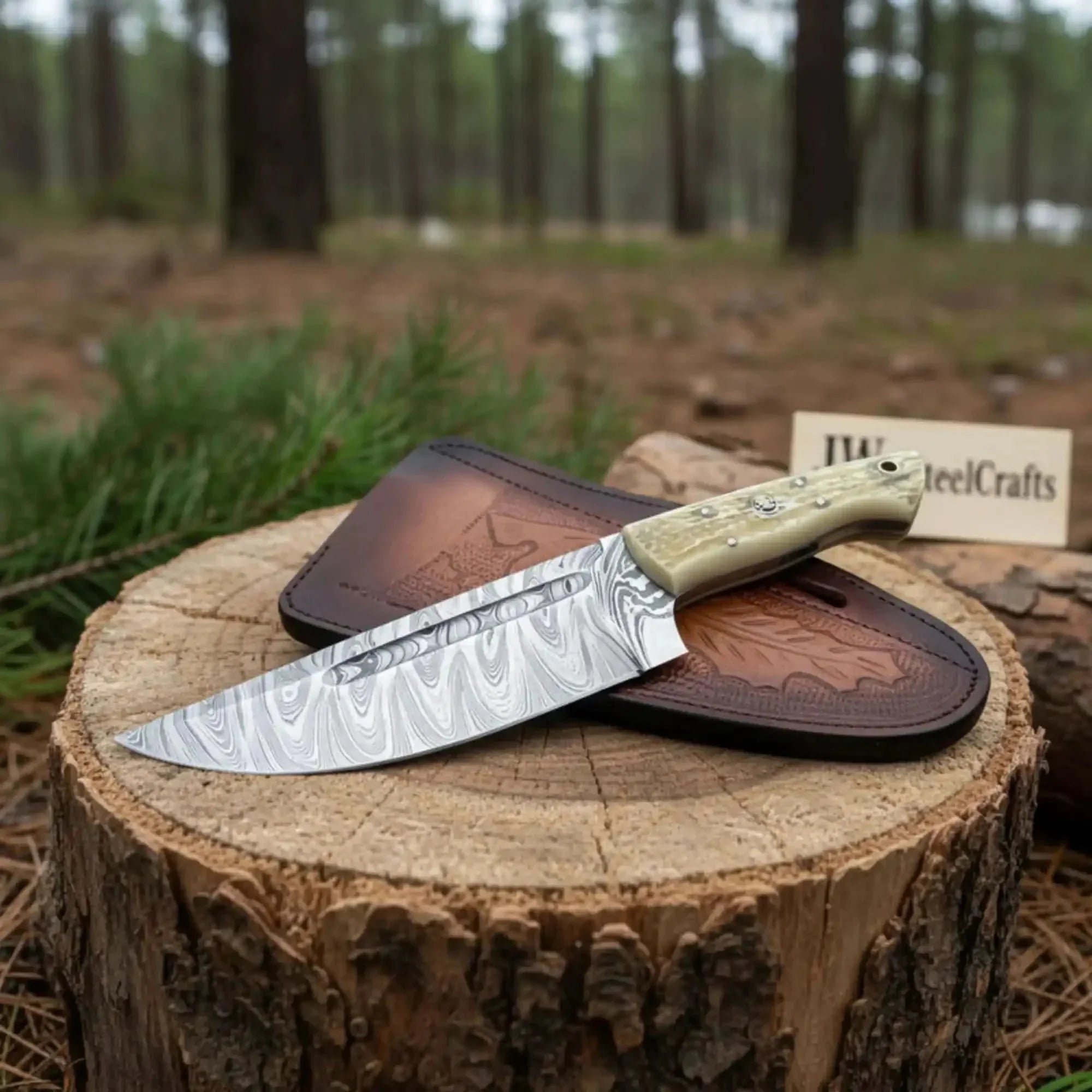Handmade Damascus Skinner Knife Nessmuk Style Fixed Blade Synthetic Stag Handle