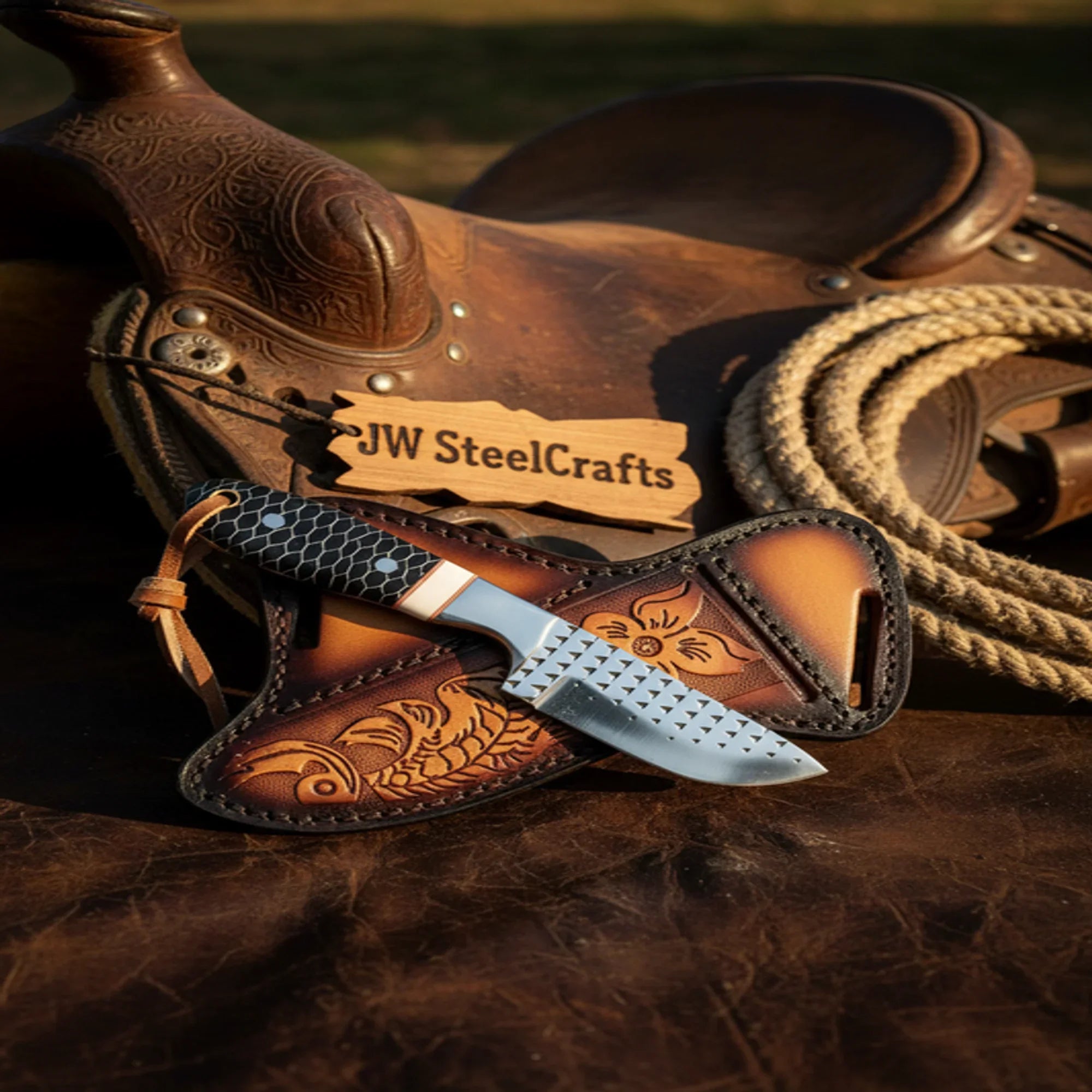 Ironhide Ranch Blade Knife Black Honeycomb Handle White Spacer Steel Bolster Engraved