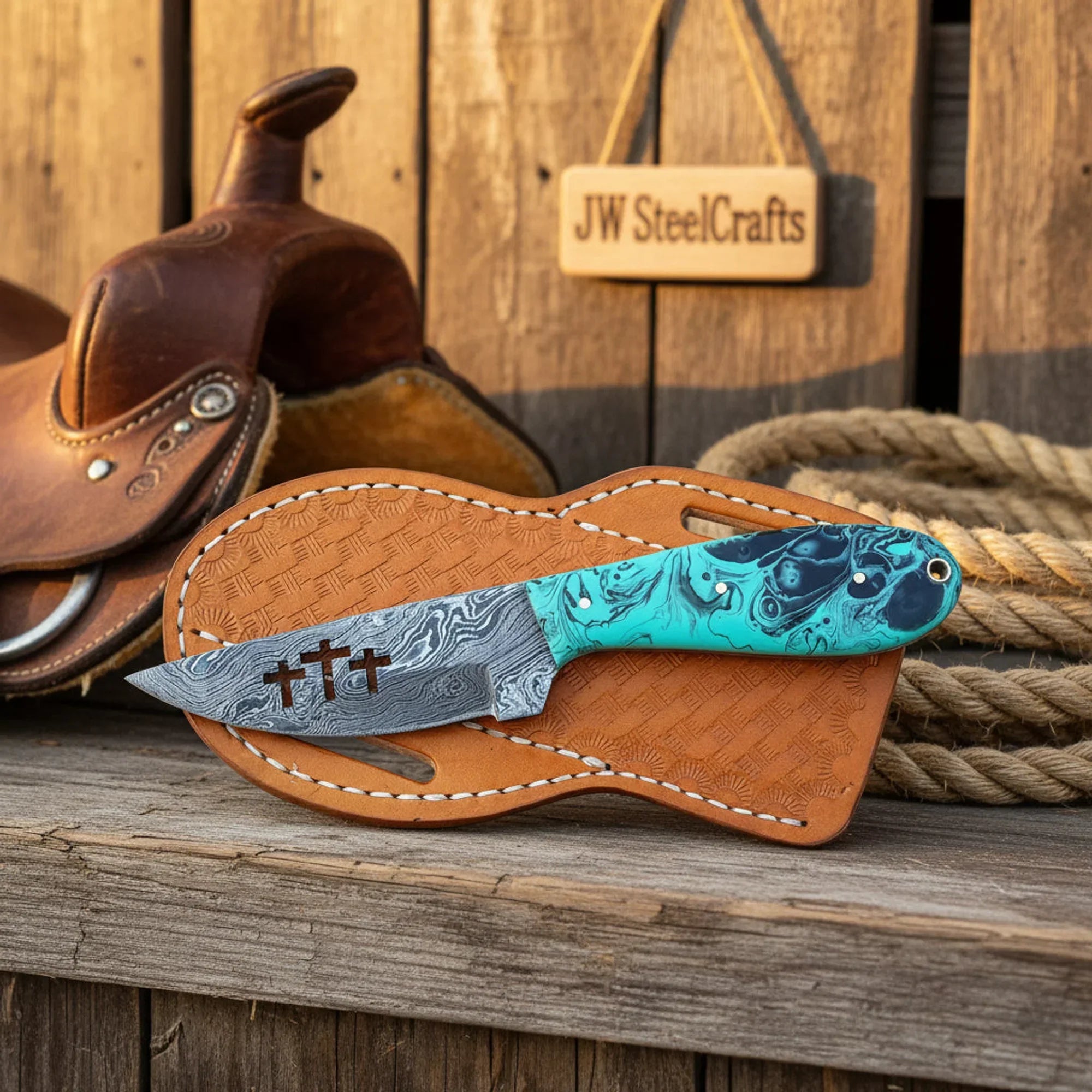 Three Crosses Cutout Skinner Knife with Teal Resin Handle