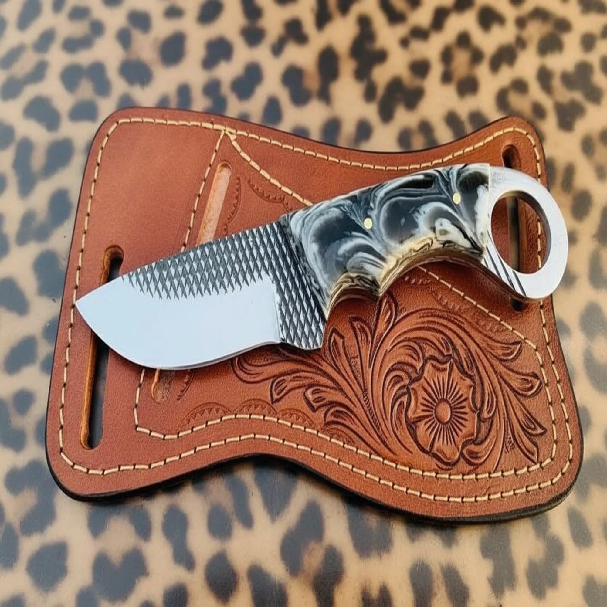 Rugged Cross Draw File Ring Knife Finger Ring Handle Western Hand Engraved Leather Sheath 5"