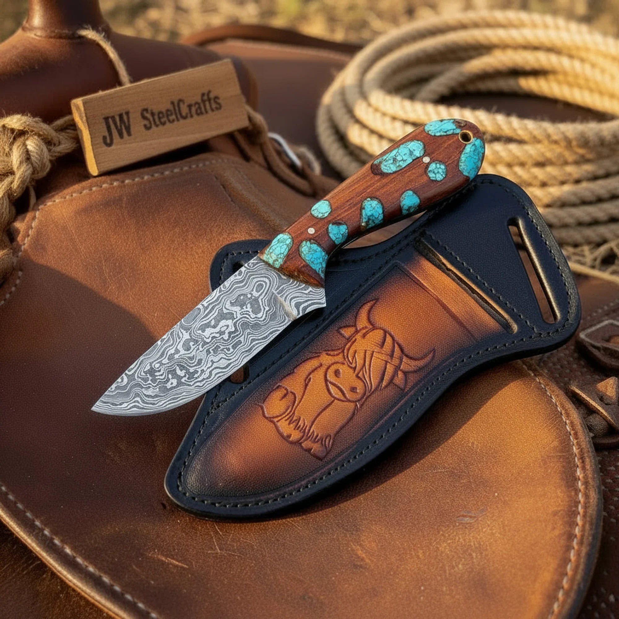Turquoise Cowboy Knife with Wood and Resin Handle