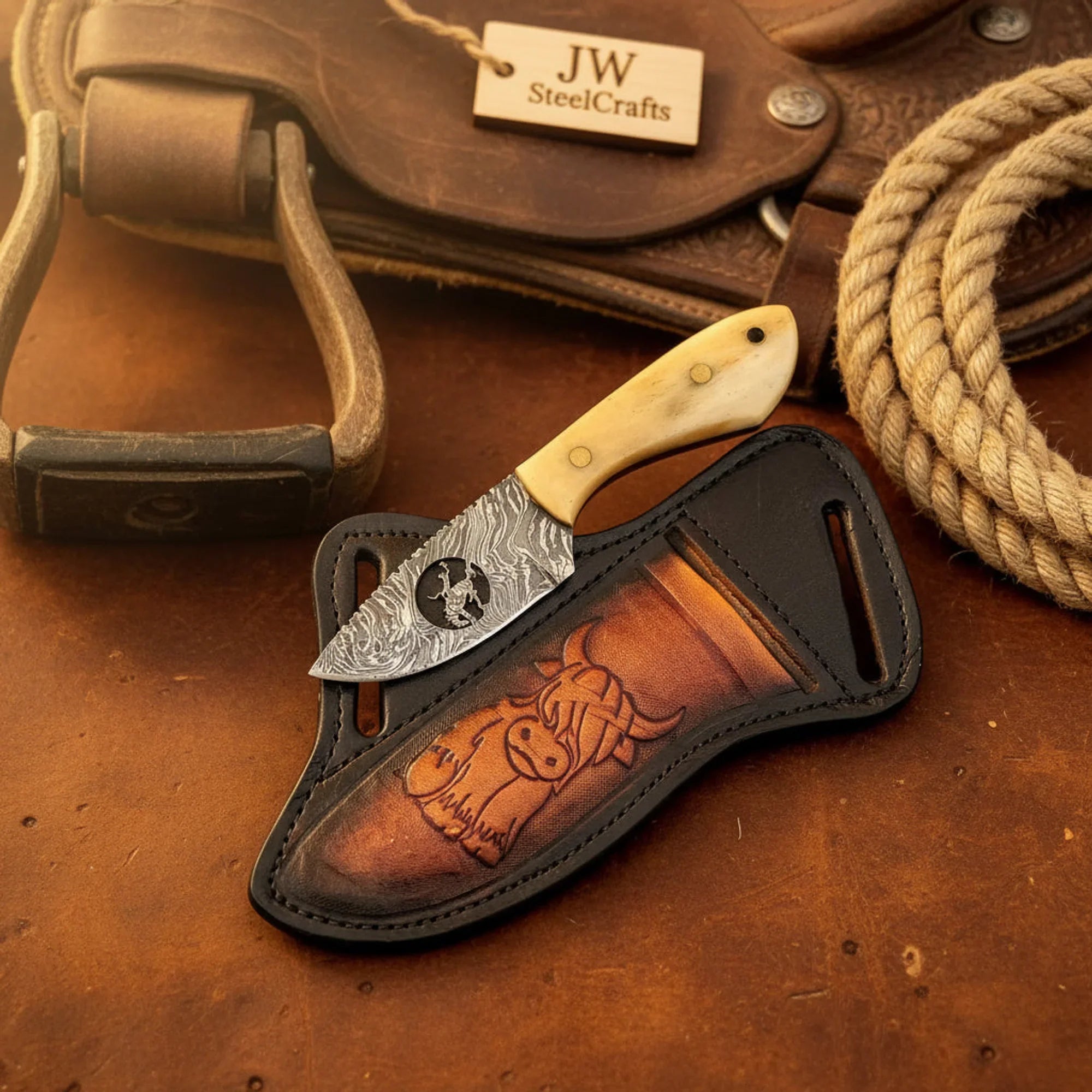 Damascus Cross Draw Caper Knife Deer Engraved Bone Handle Buffalo Tooled Sheath