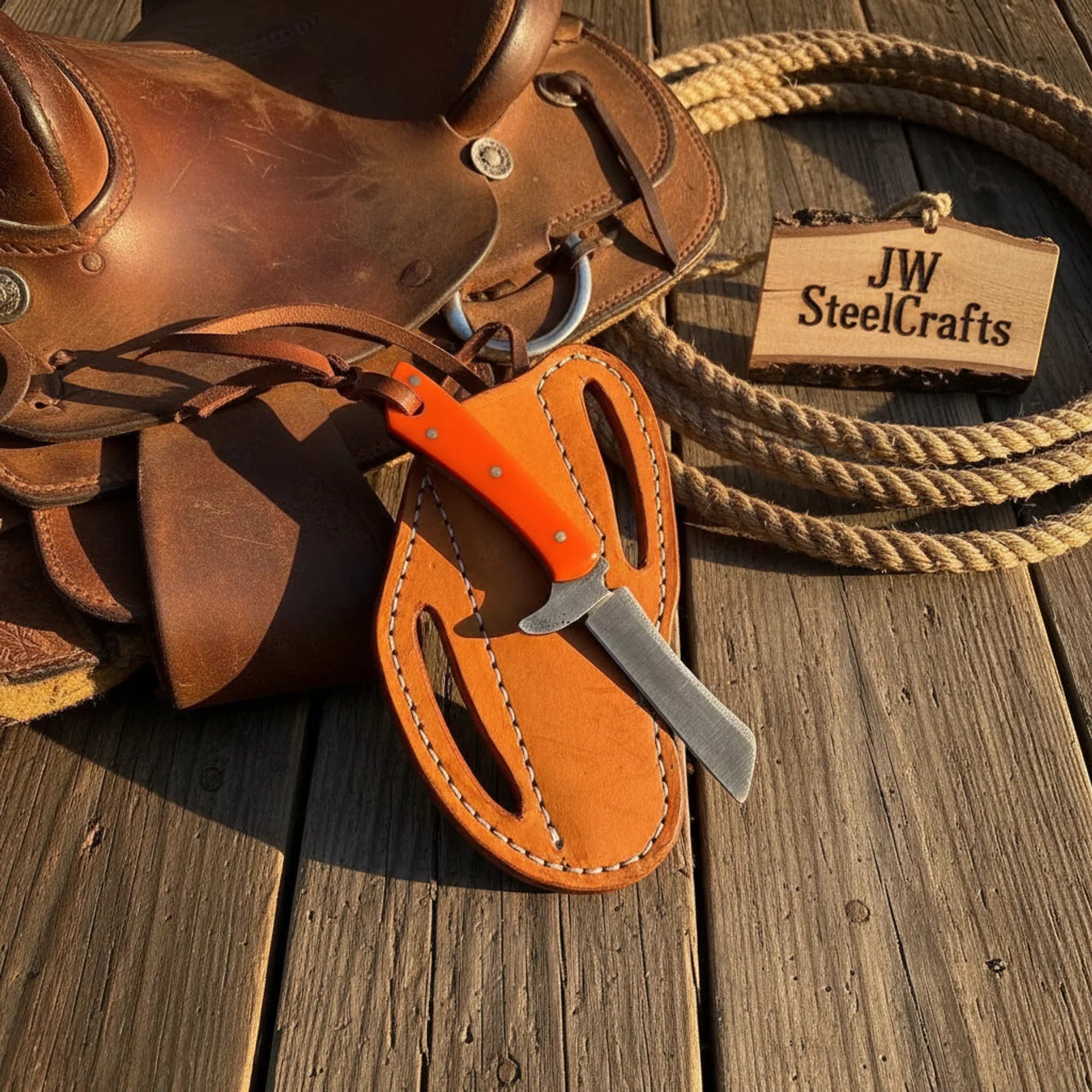 Damascus Tanto Cowboy Skinner Knife 7" with Orange Resin Handle