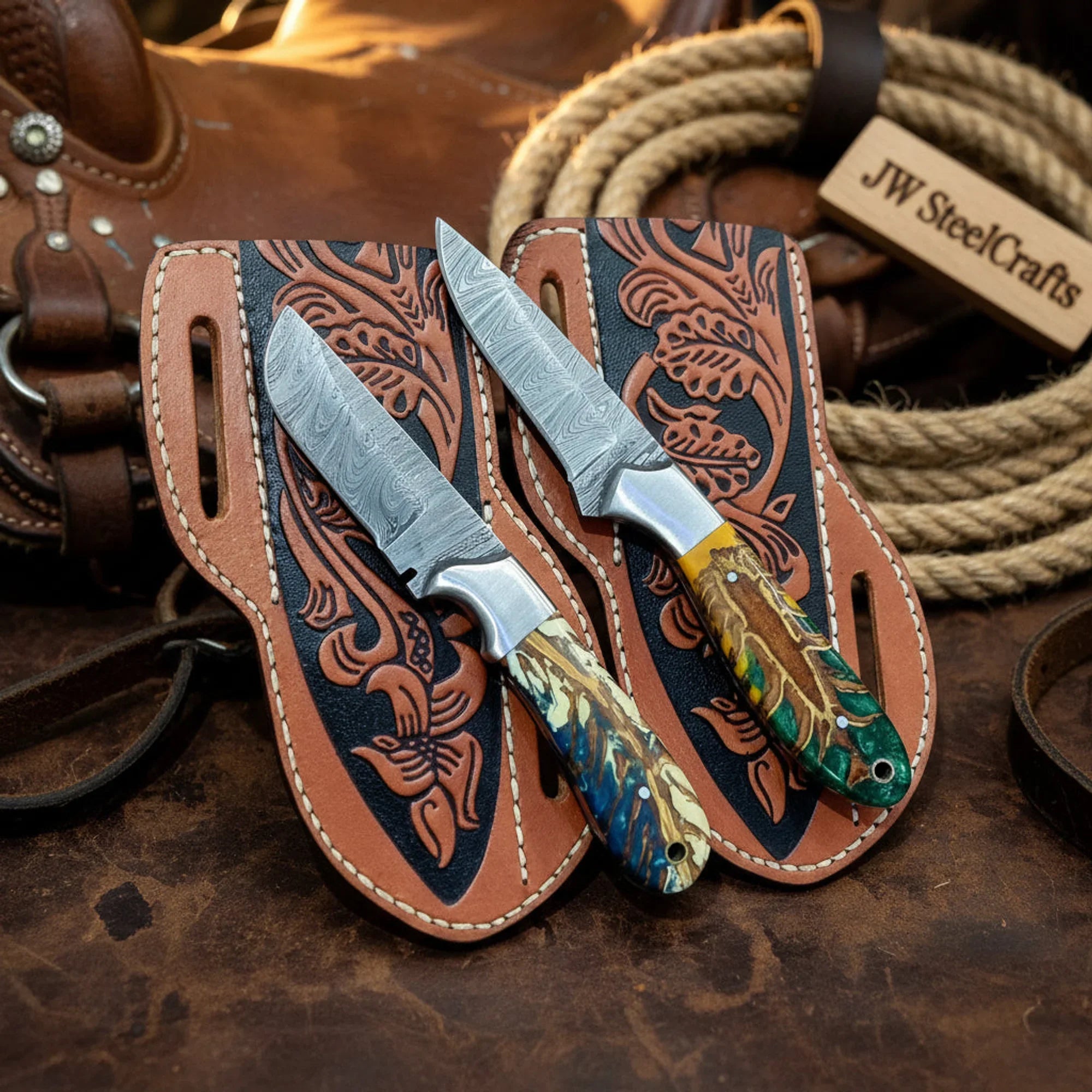 Handmade Damascus Knife Set of 2 – 7 Inch Pinecone Resin
