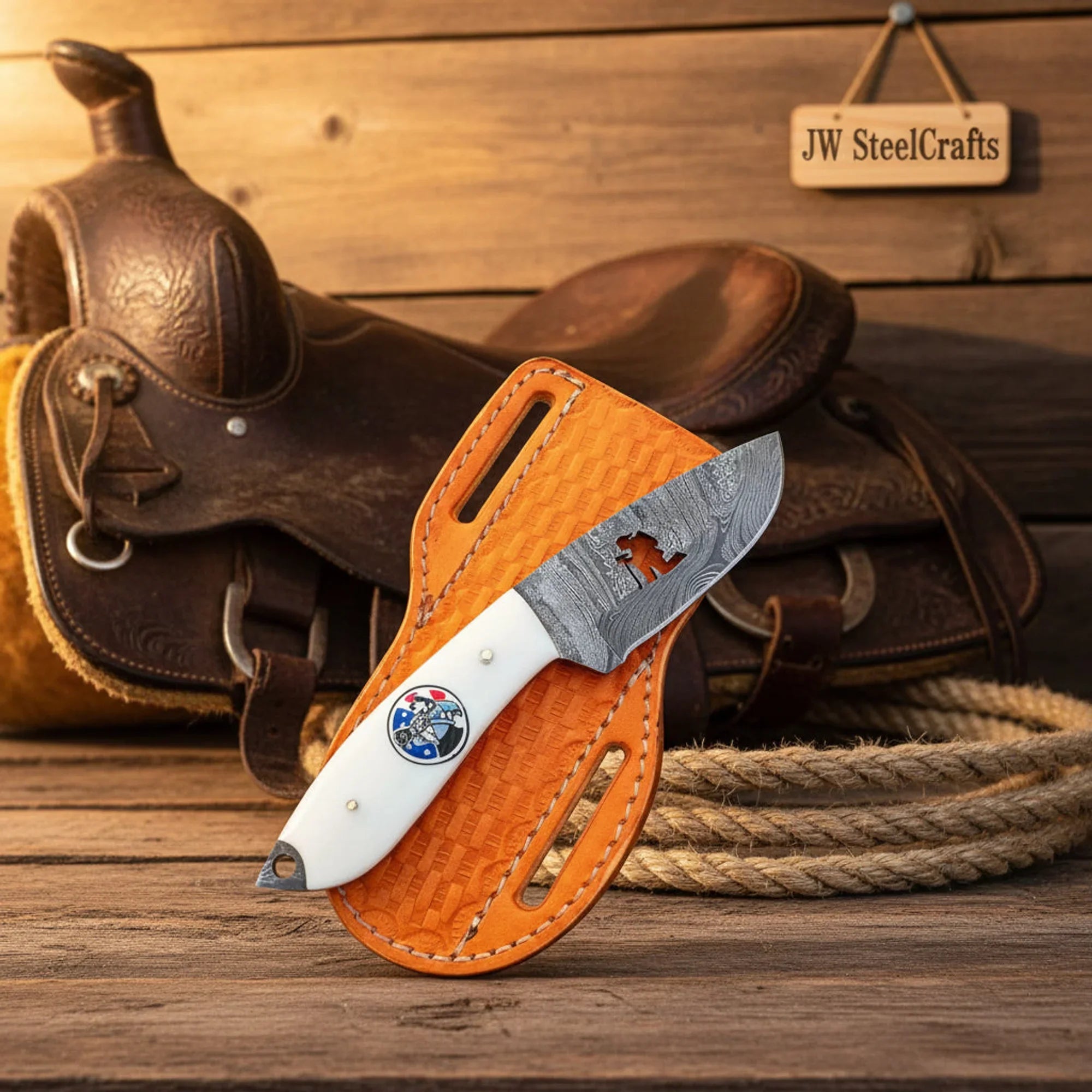Custom Damascus Cross Draw Caper Knife Resin Handle Lanyard Hole Pancake Sheath