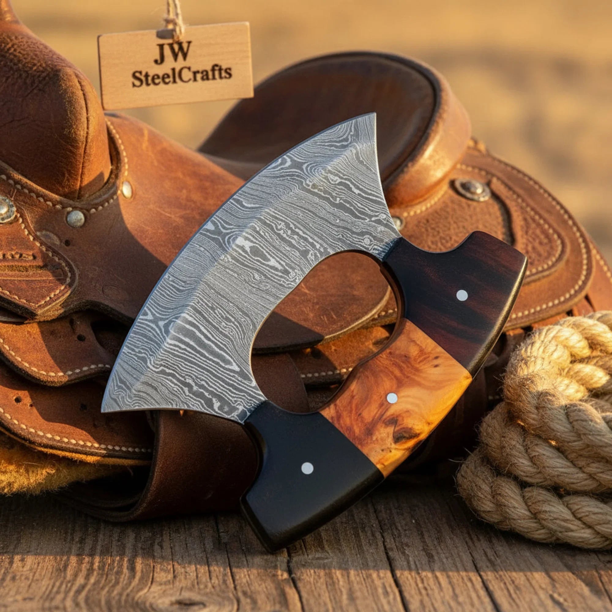 Two Tone Damascus Ulu Knife with Wood and Resin Handle