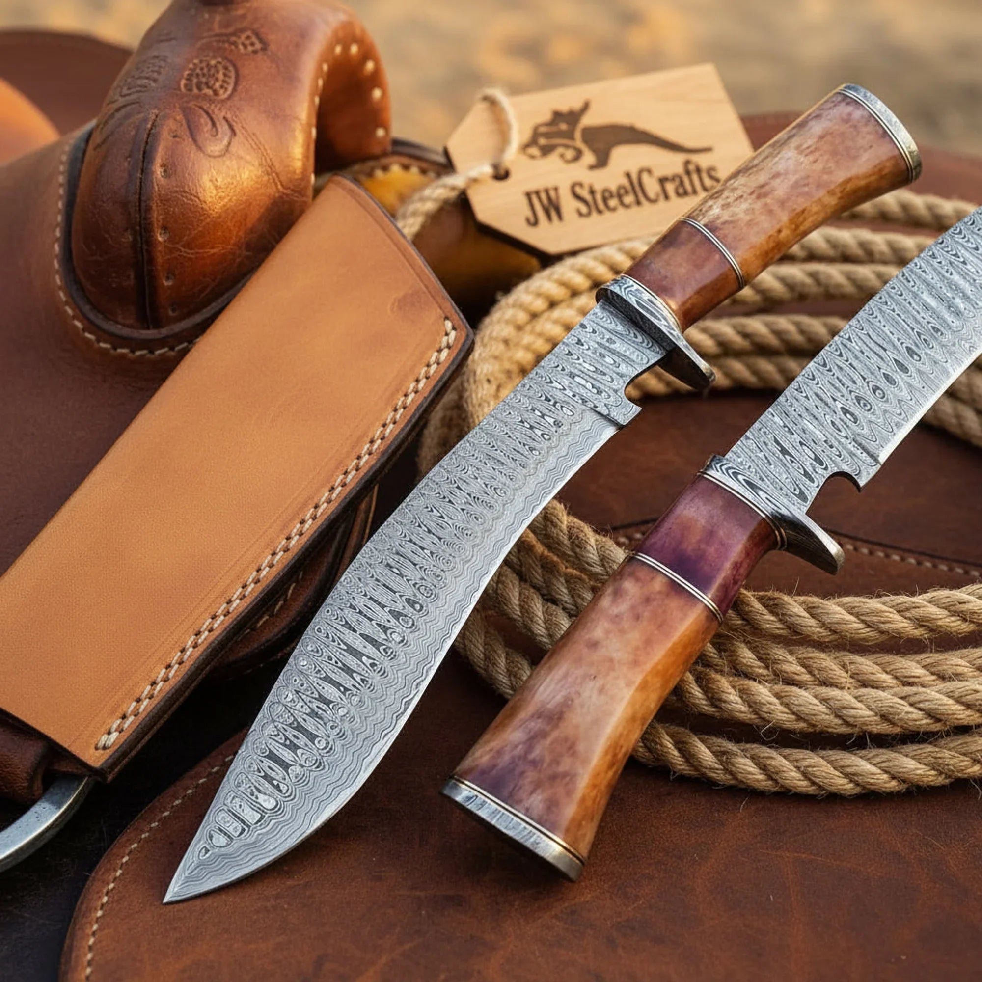 Damascus Tracker-Kukri Hybrid Knife with Colored Bone Handle