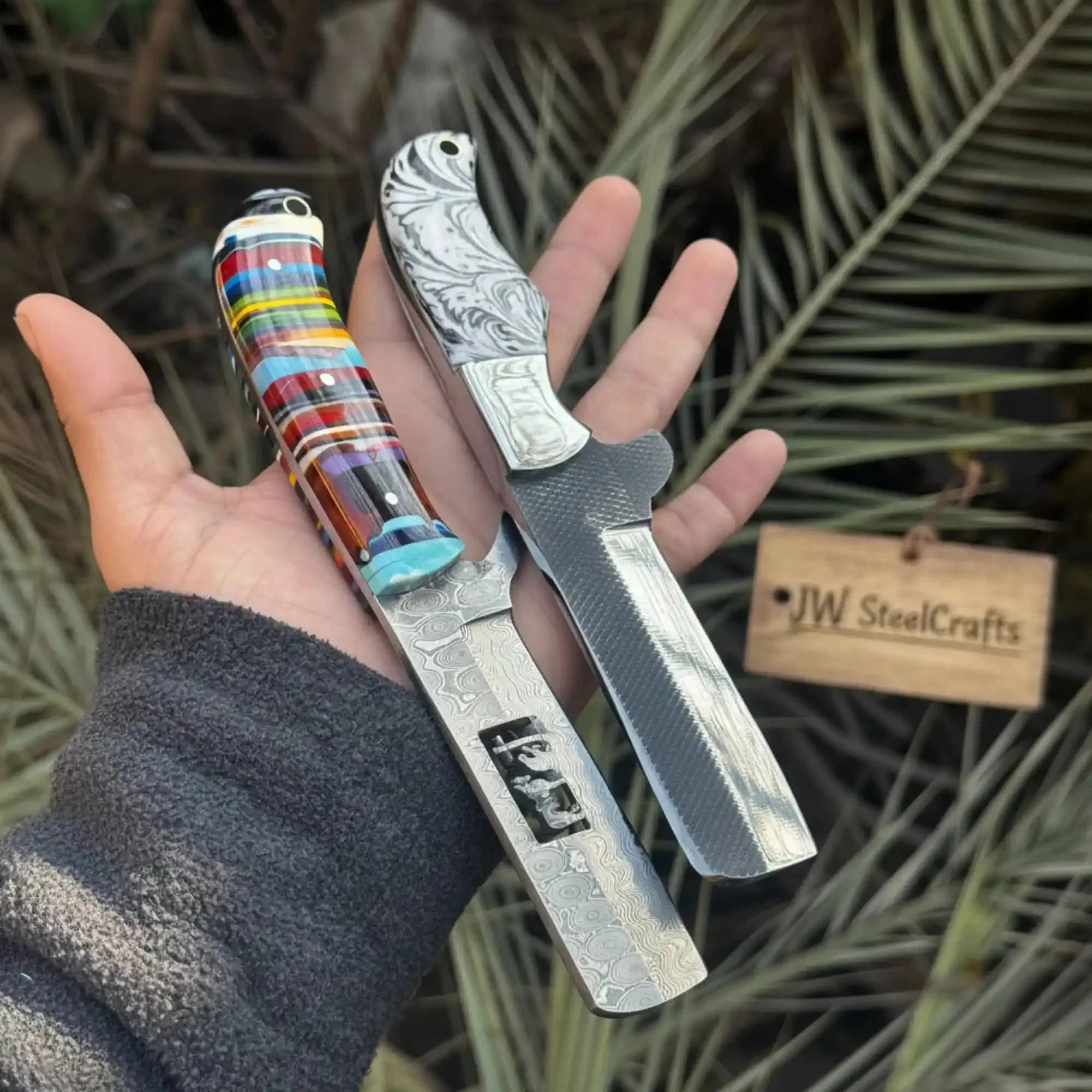 2-Piece Fixed Blade Knives — Rasp Steel Cleaver Rainbow Resin Handle & Damascus Sheepsfoot Marble Resin Handle