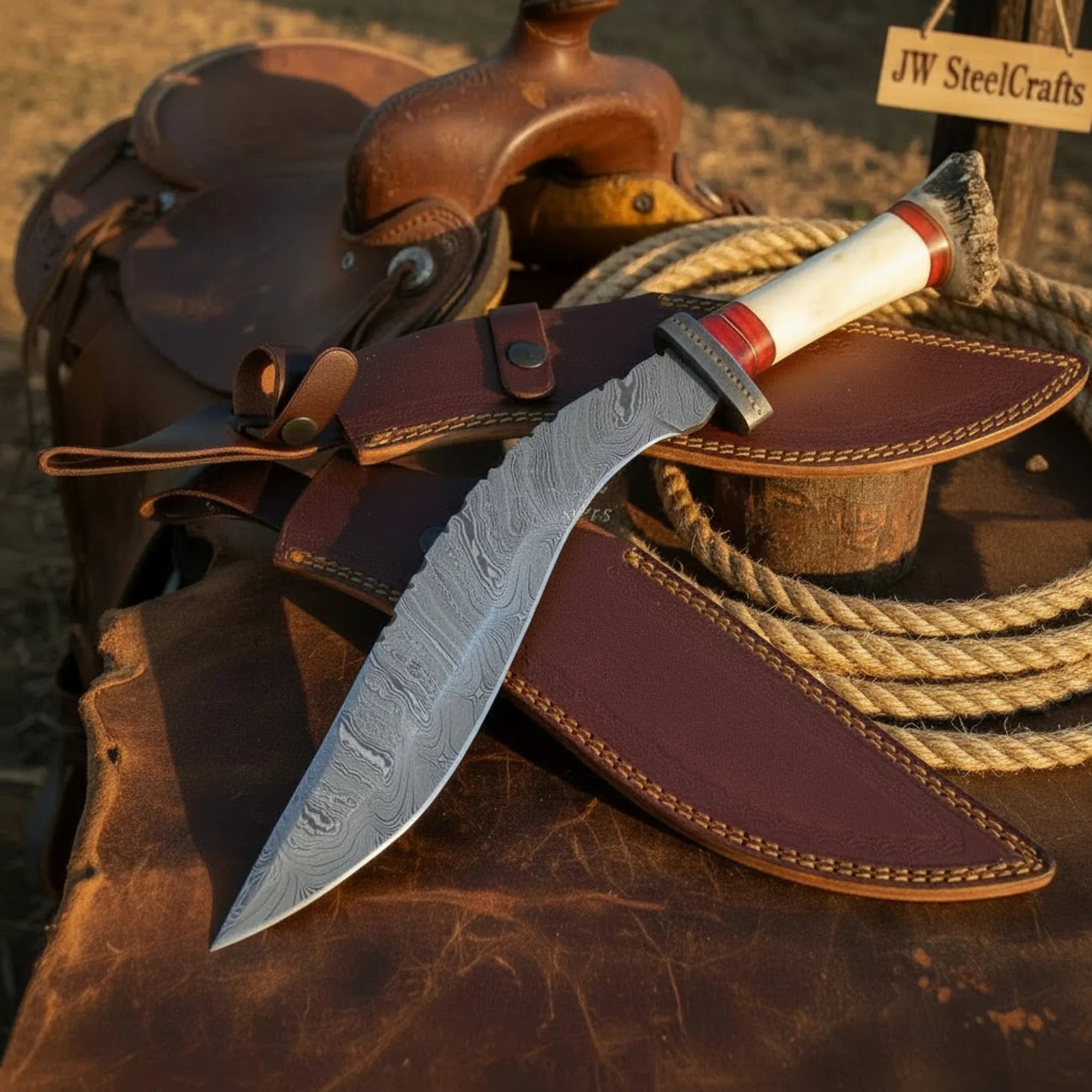 Tundra Ridge Damascus Kukri – Hand-Forged Stag & Bone Hunting Knife by Shard Blade