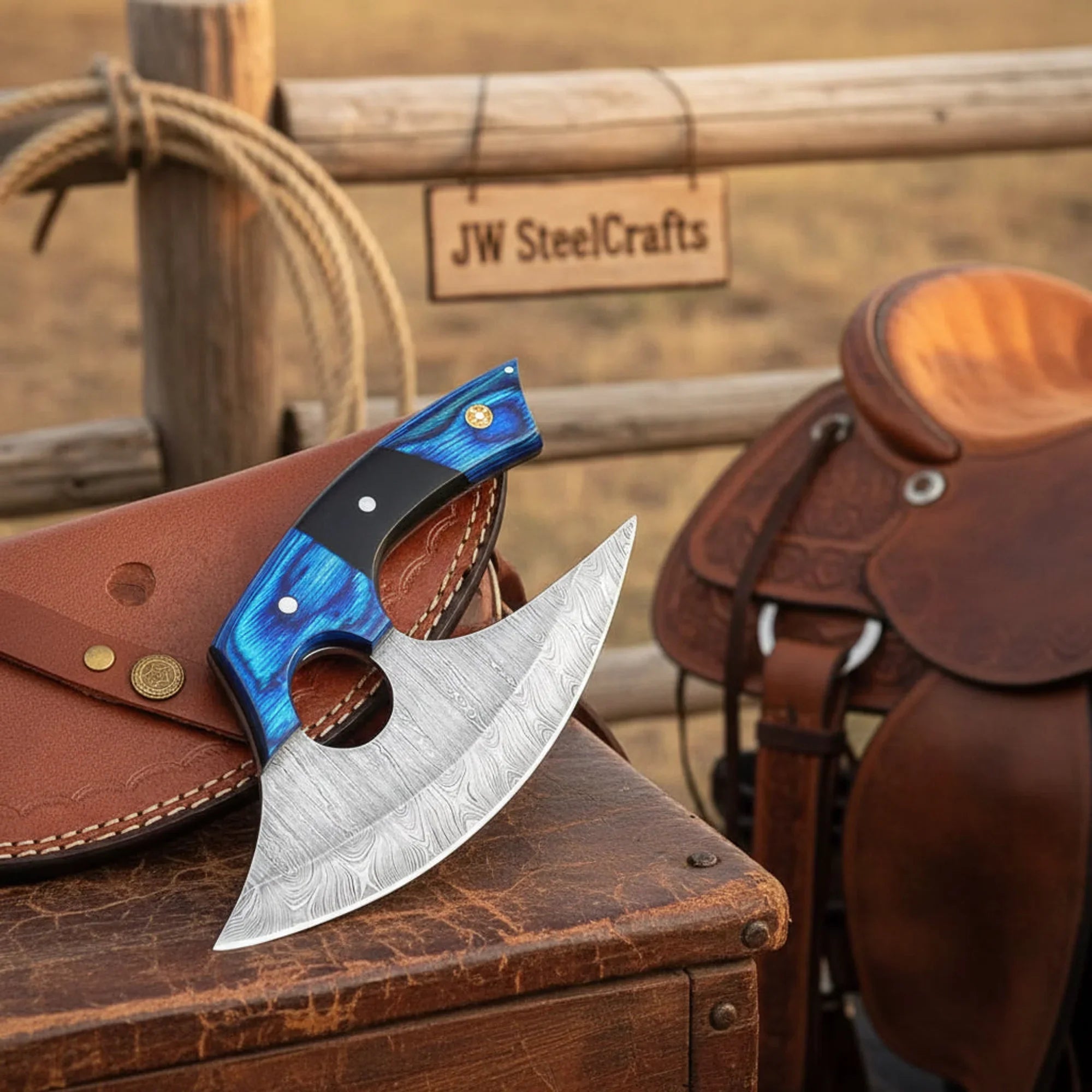 Damascus Steel Ulu Knife 5" Blue Pakka Wood & Micarta Handle