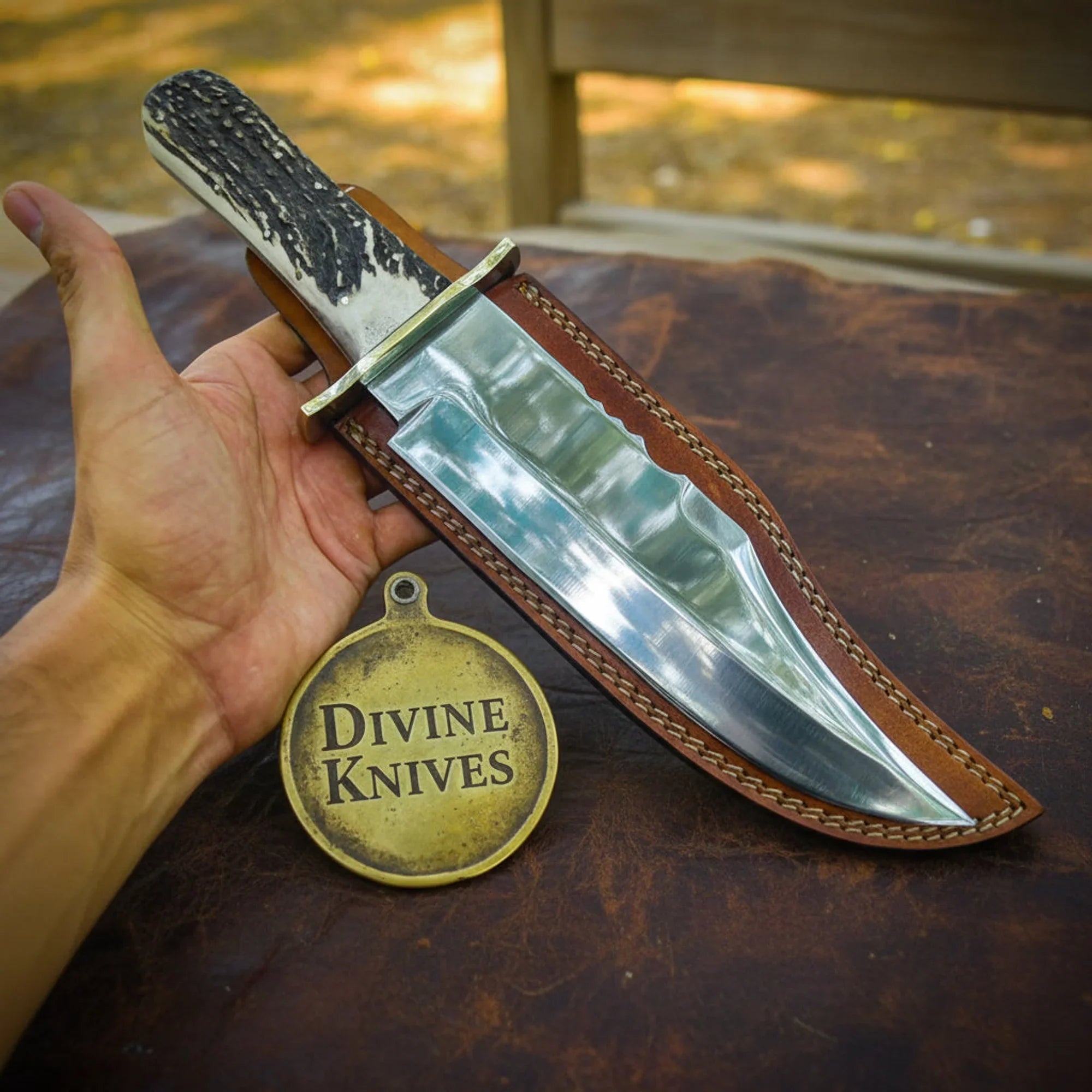 Purple Wood Handle Damascus Knife with Decorative Tooled Sheath