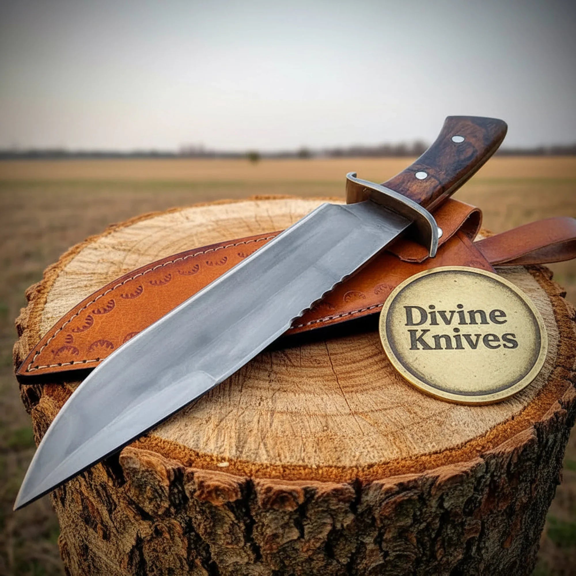 Acid Washed Damascus Knife with Wood Handle – Handcrafted Skinner with Leather Sheath
