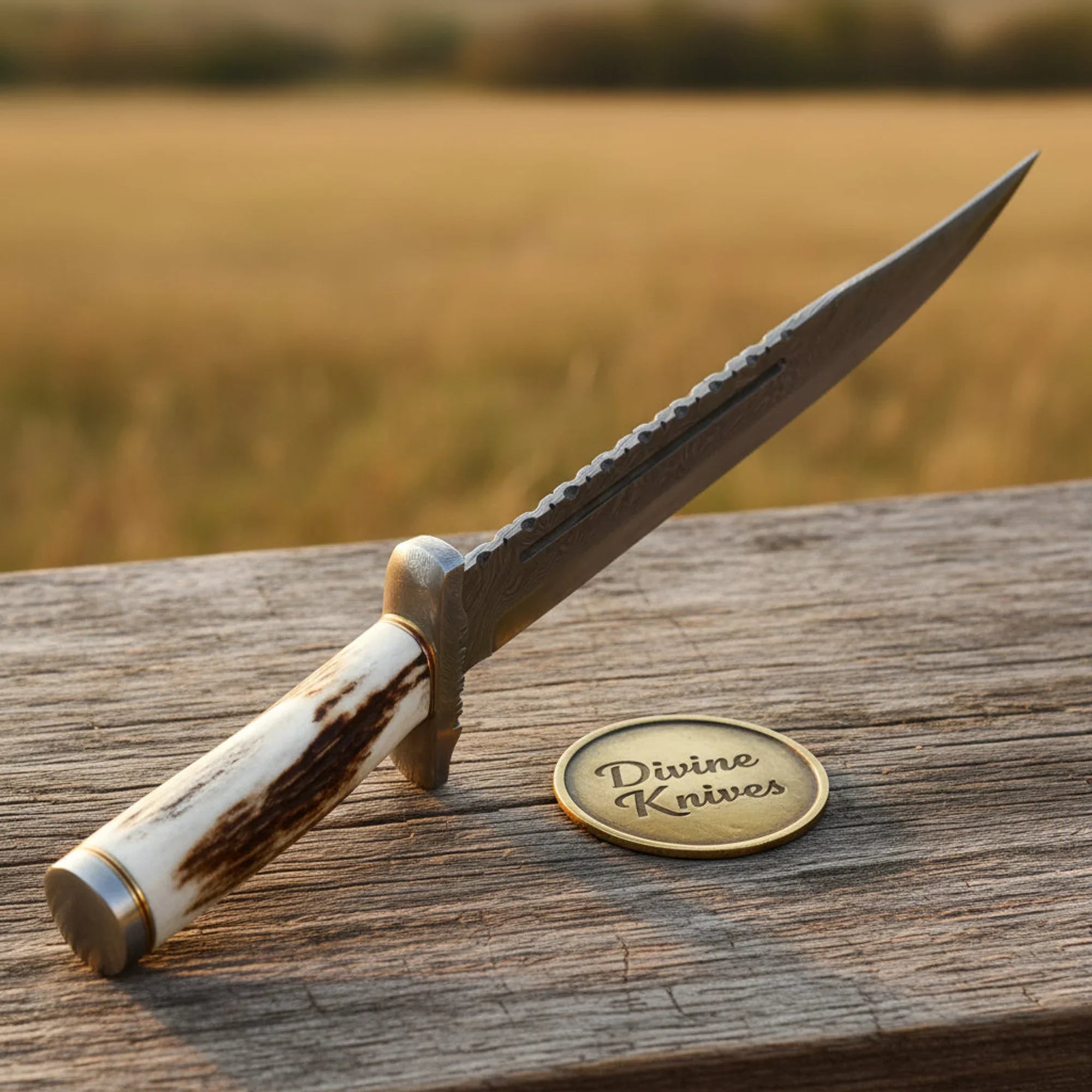 Stag Handle Damascus Bowie Knife with Laced Leather Sheath