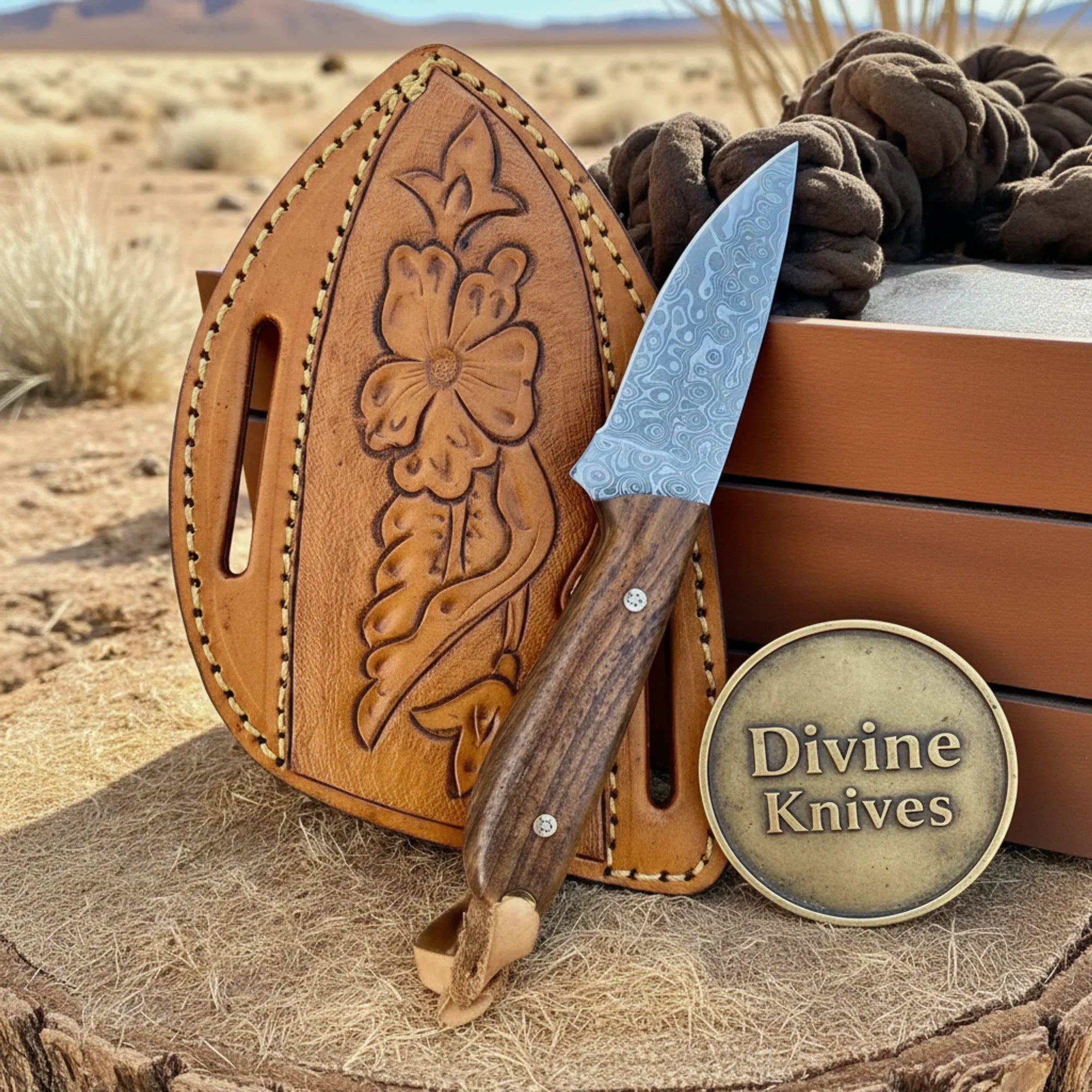 Blue Handle Damascus Bull Cutter Knife for Outdoor Use