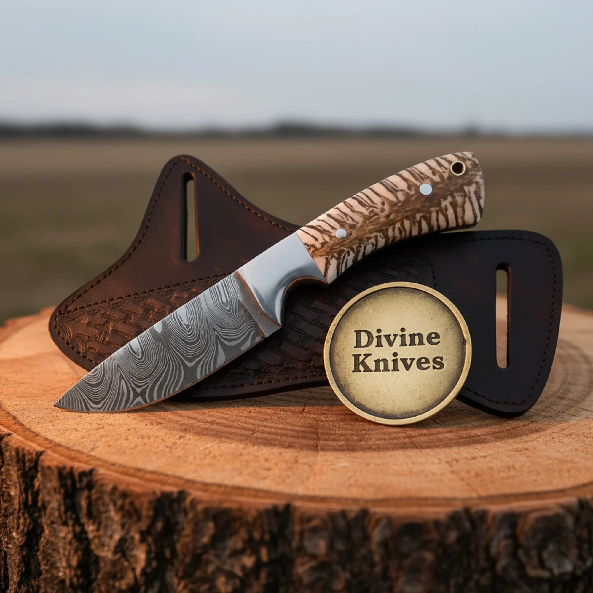 Marbled Handle Damascus Cowboy Knife with Crossdraw Sheath