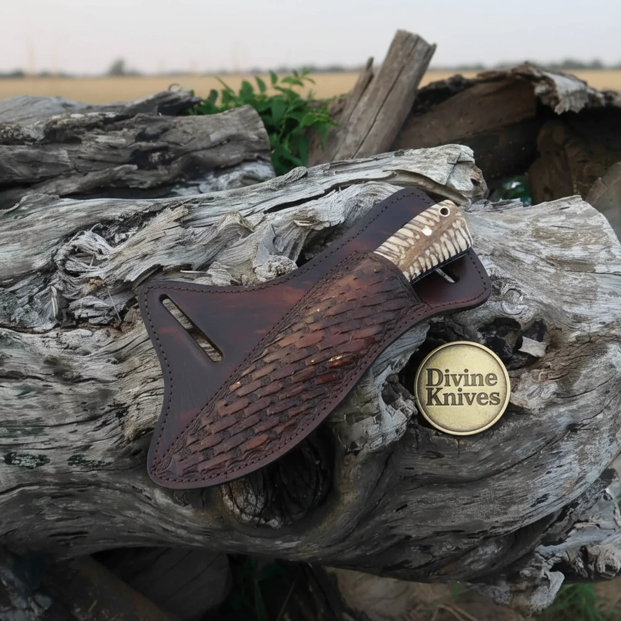 Marbled Handle Damascus Cowboy Knife with Crossdraw Sheath