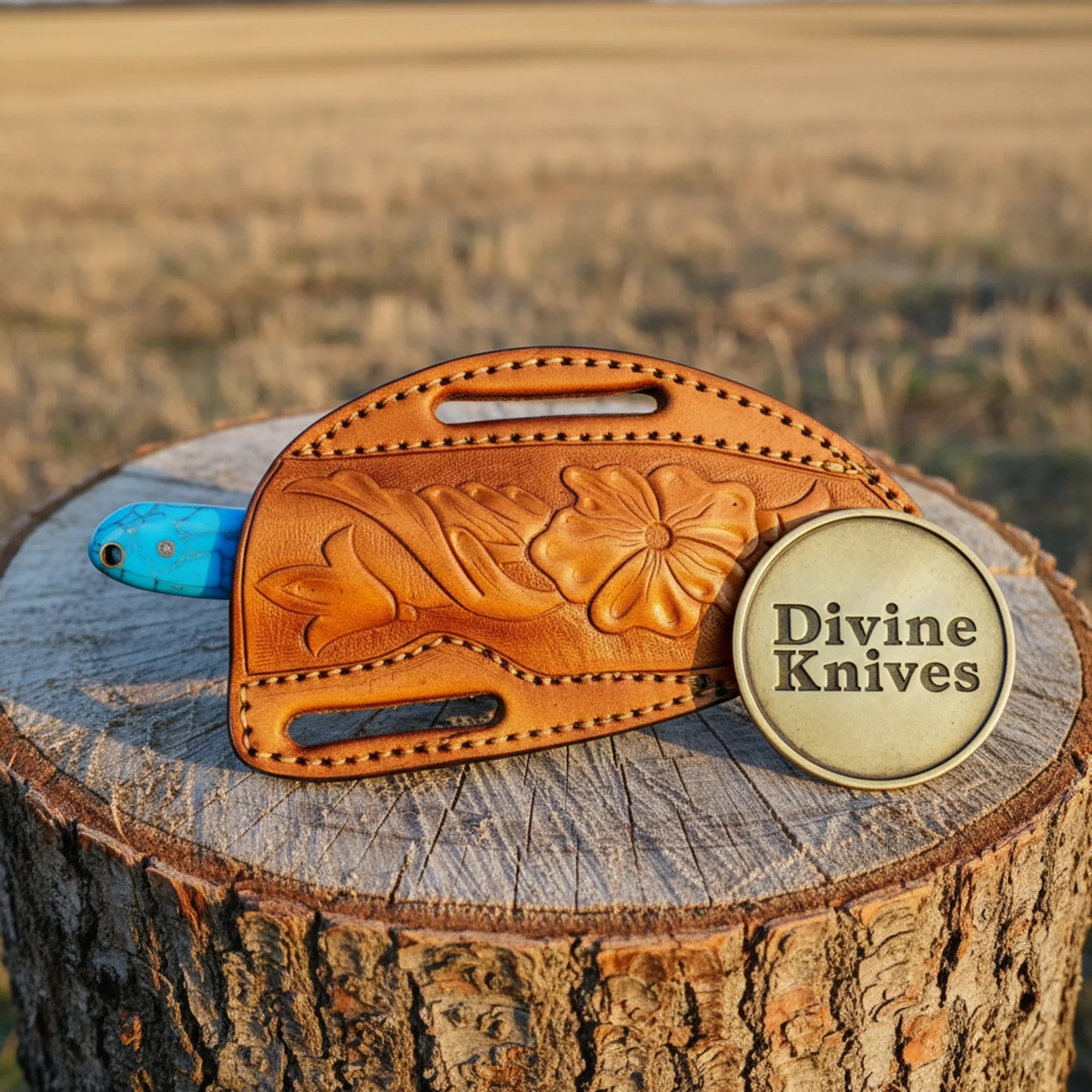 Walnut Handle Damascus EDC Knife with Tooled Leather Sheath