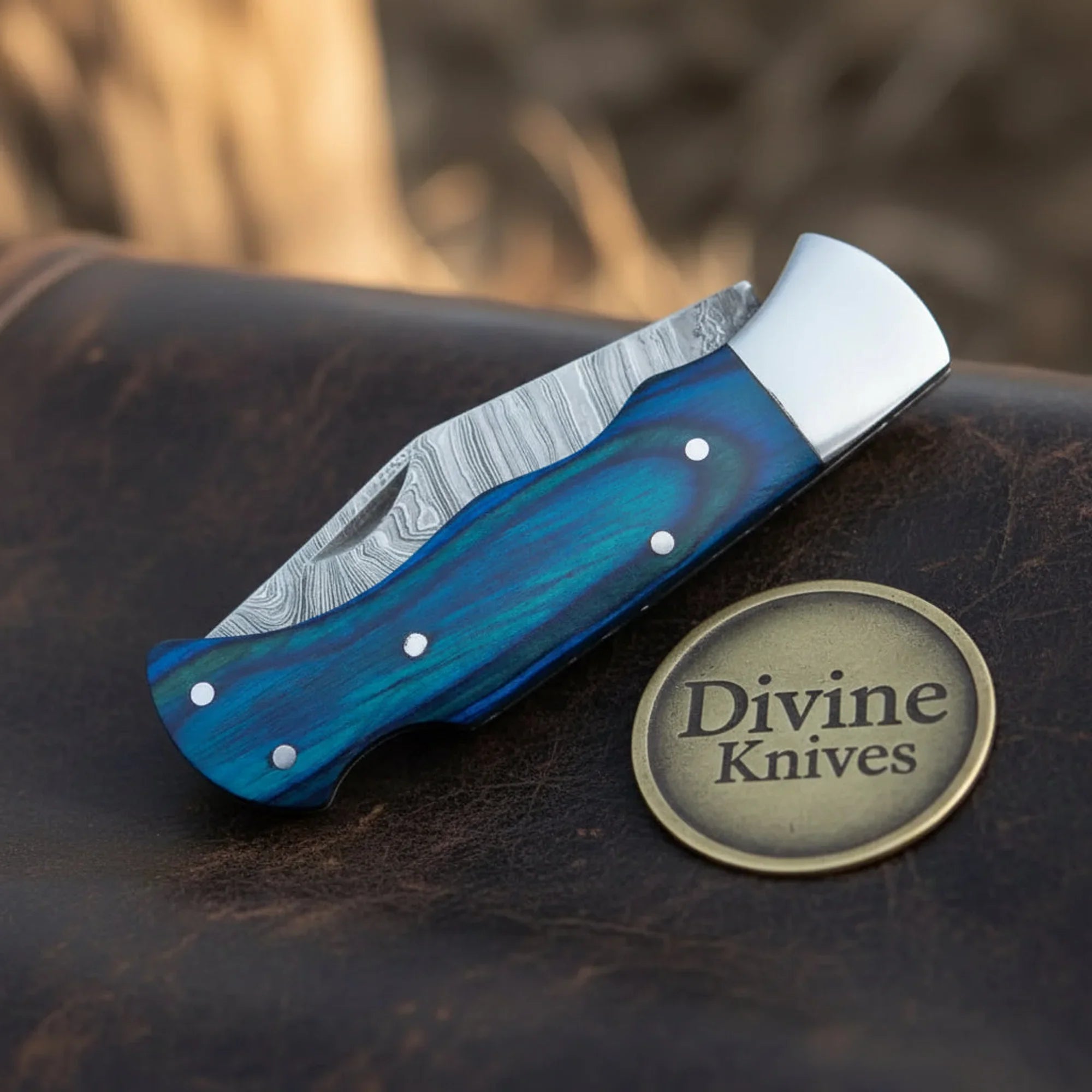 Blue Pakka Wood Handle Damascus Trapper Knife for Everyday Carry