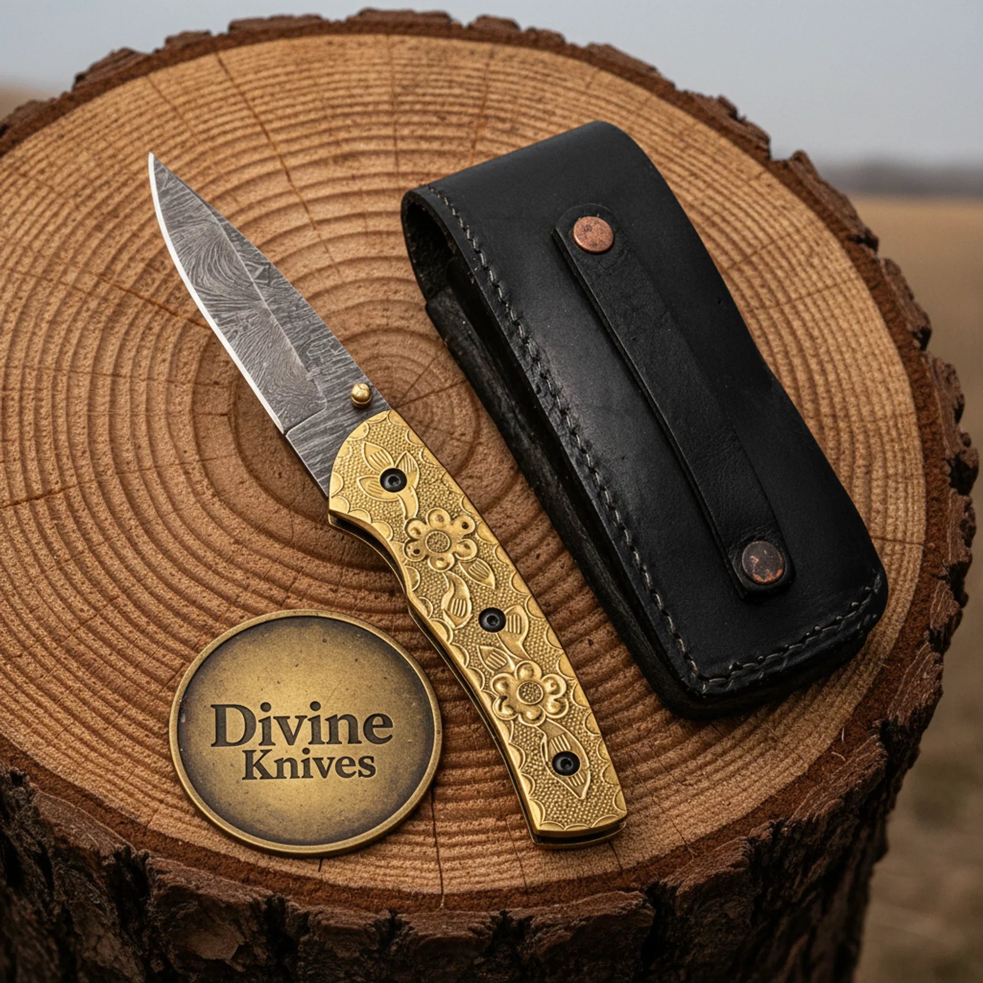 Hand Engraved Brass Handle Damascus Folding Knife for Collectors