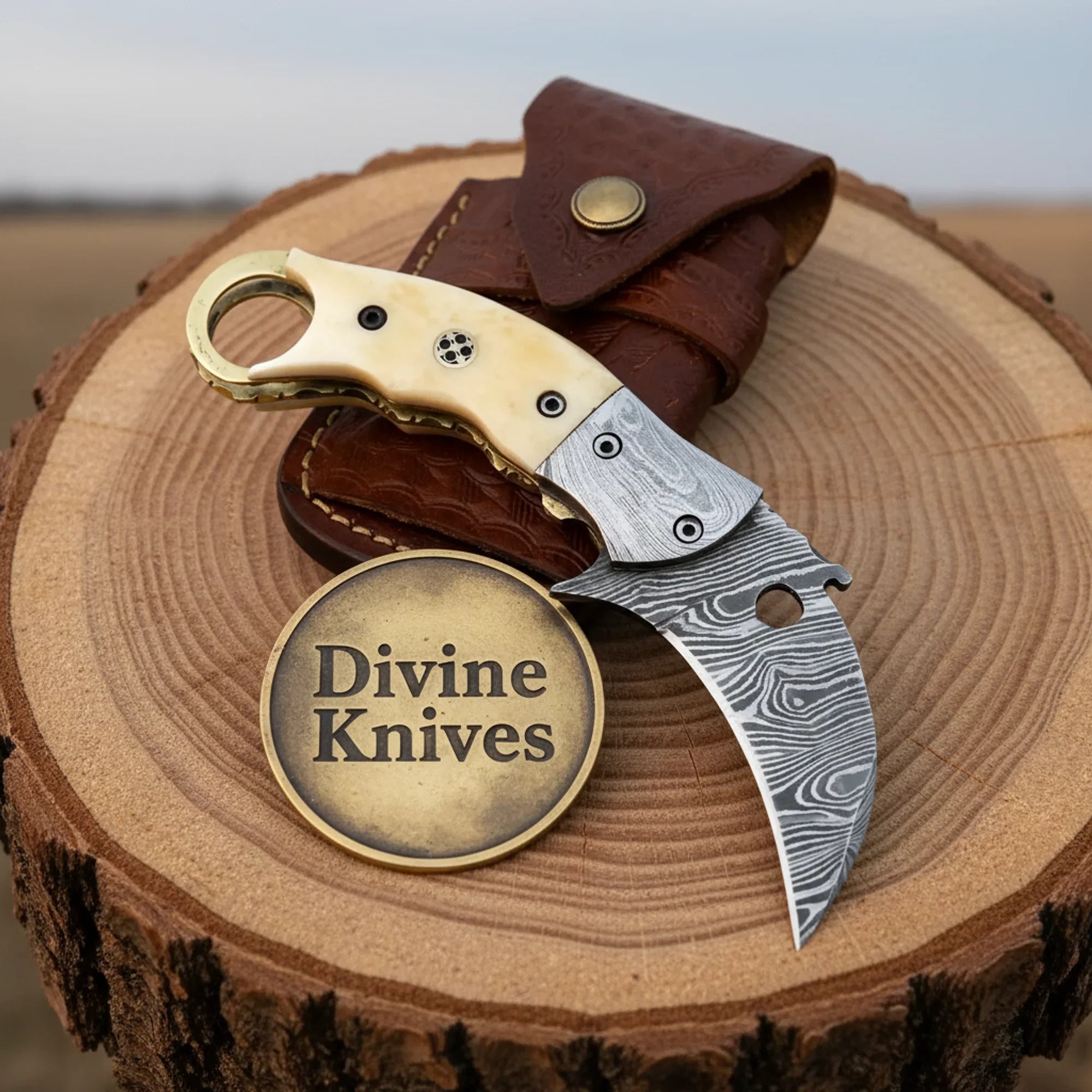 Curved Blade Damascus Folder with Smooth Bone Handle and Linear Lock