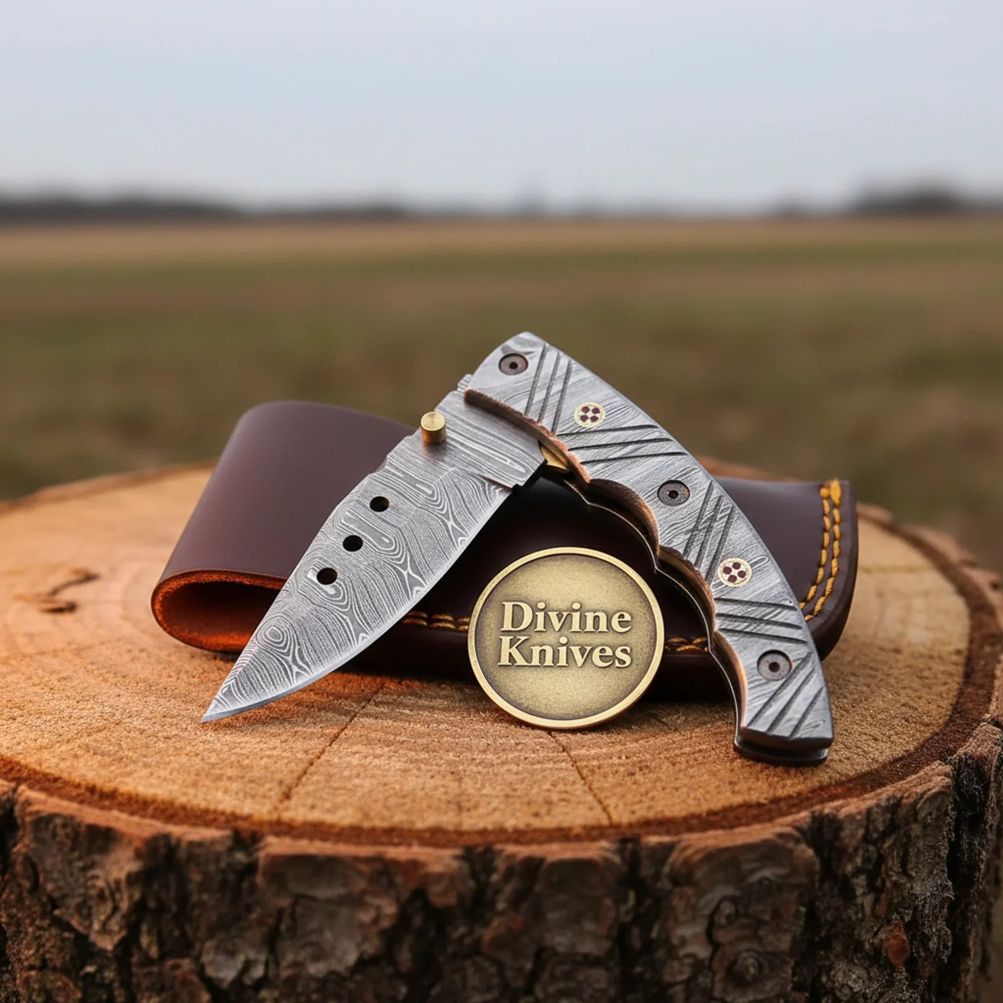 Damascus Linear Lock Folding Knife with Solid Damascus Steel Handle