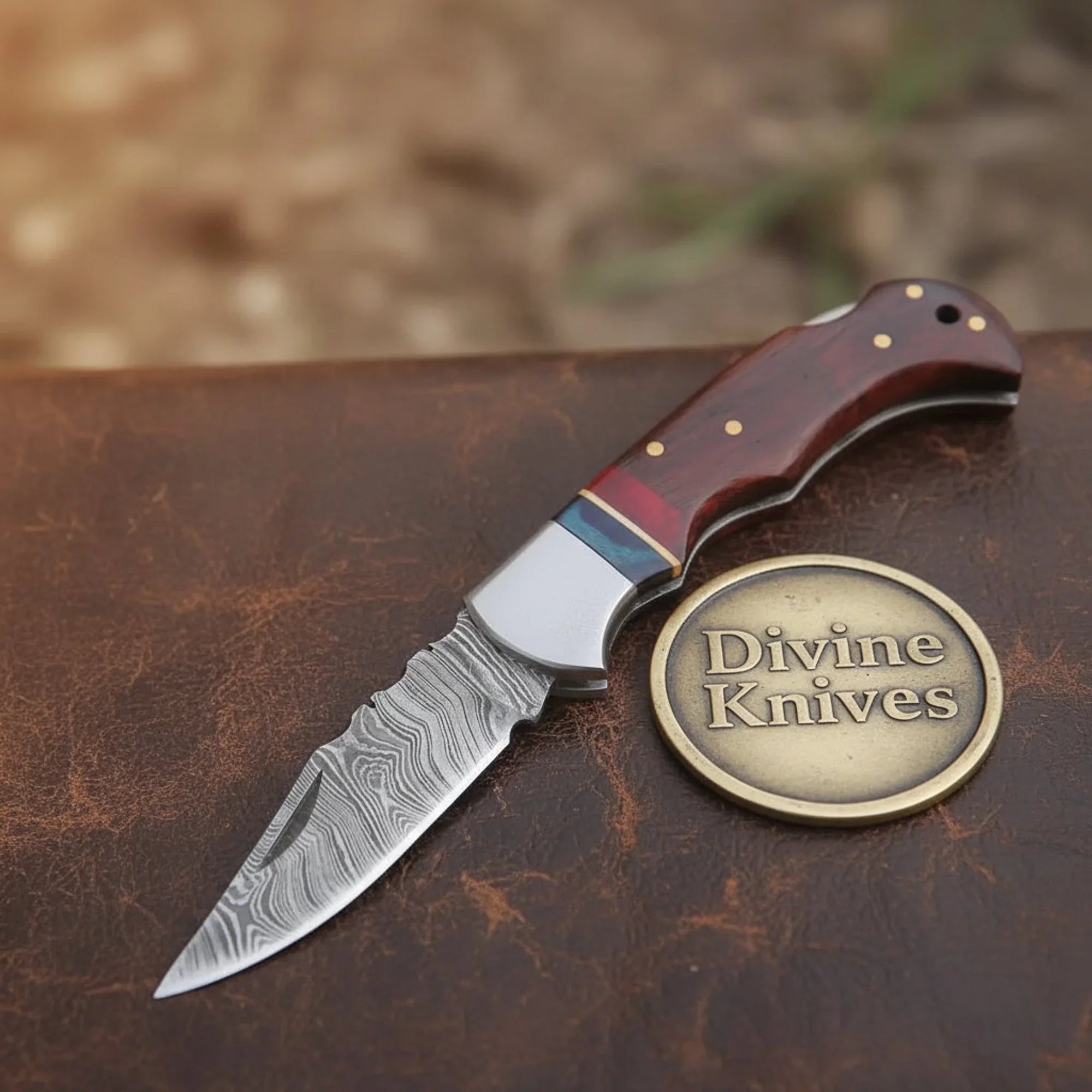 Damascus Steel Folding Knife with Rosewood and Multi Color Pakka Wood Handle