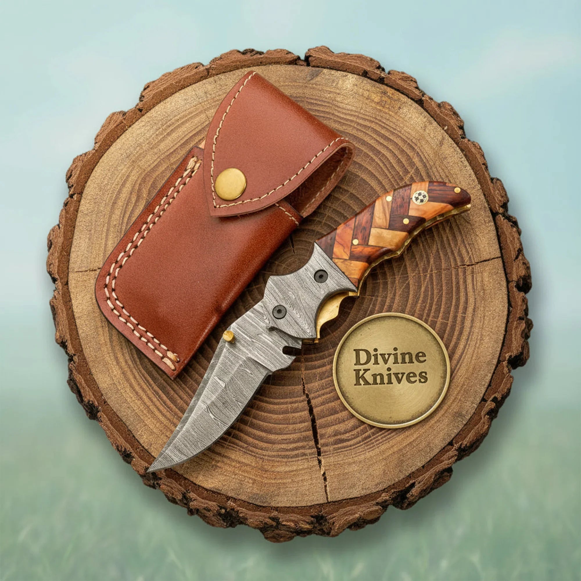 Damascus Linear Lock Folding Knife with Olive Wood Handle and Leather Pouch