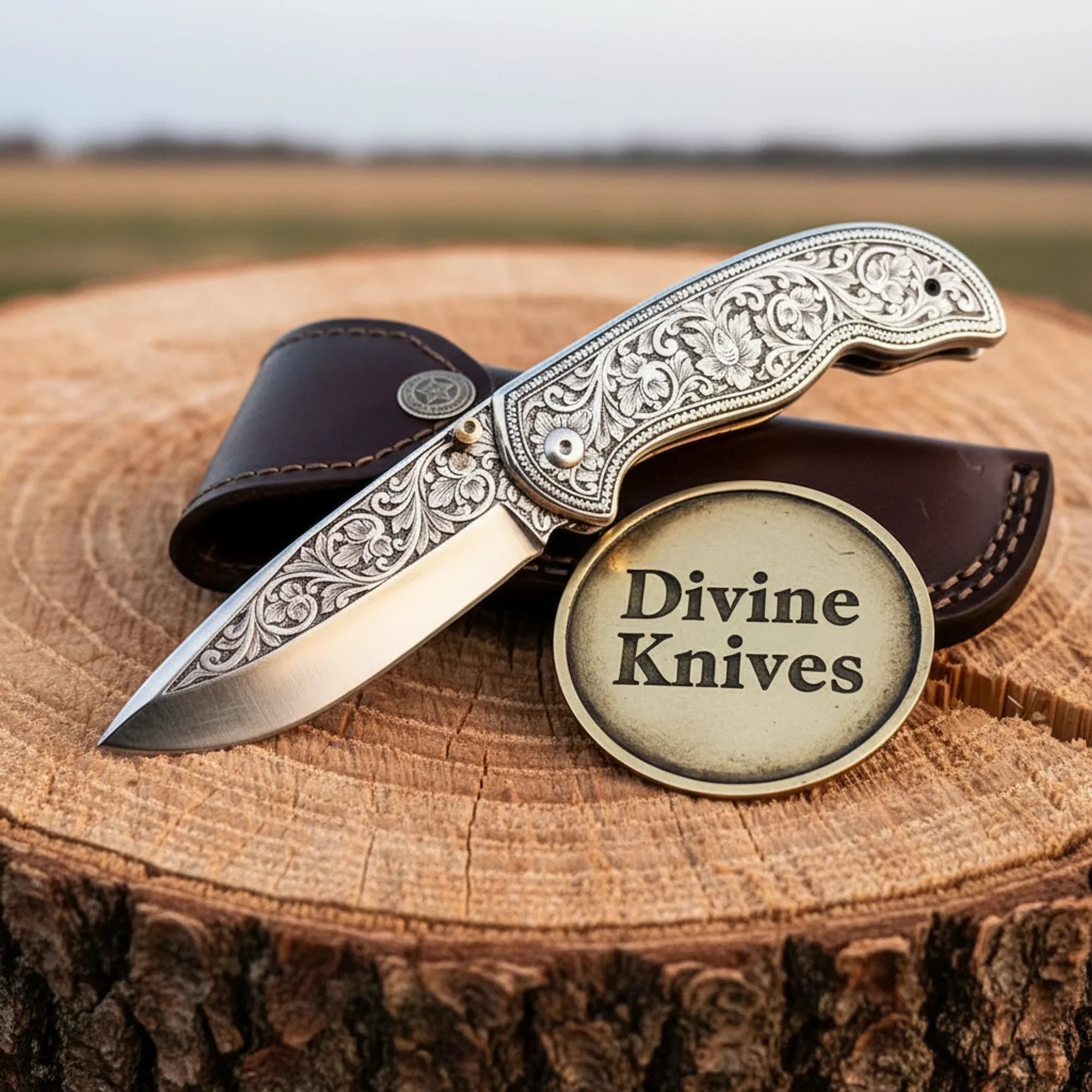 Hand Engraved Folding Knife with Carbon Steel Blade and Silver Handle
