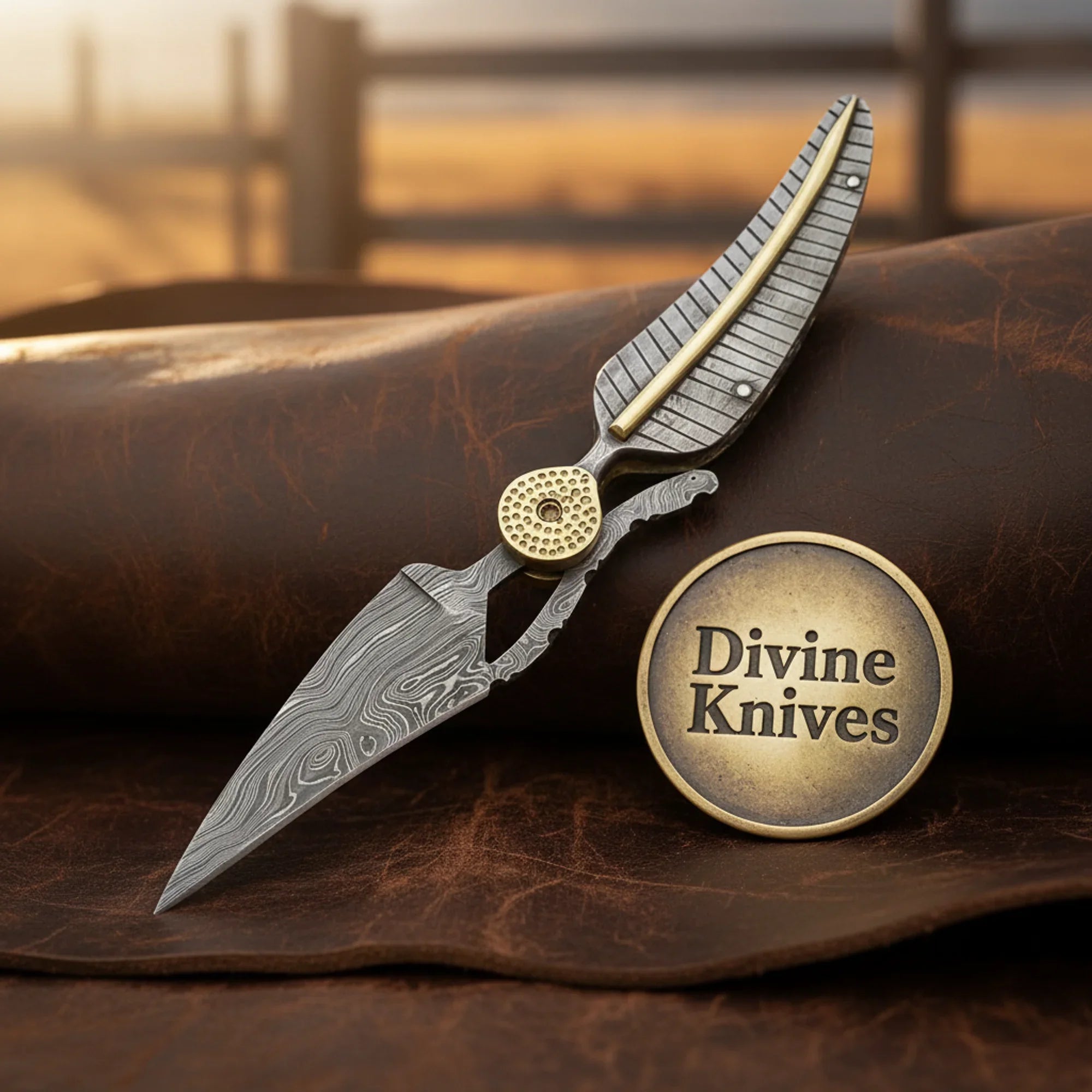 Brass Accent Damascus Leaf Blade Knife for Outdoor Carry