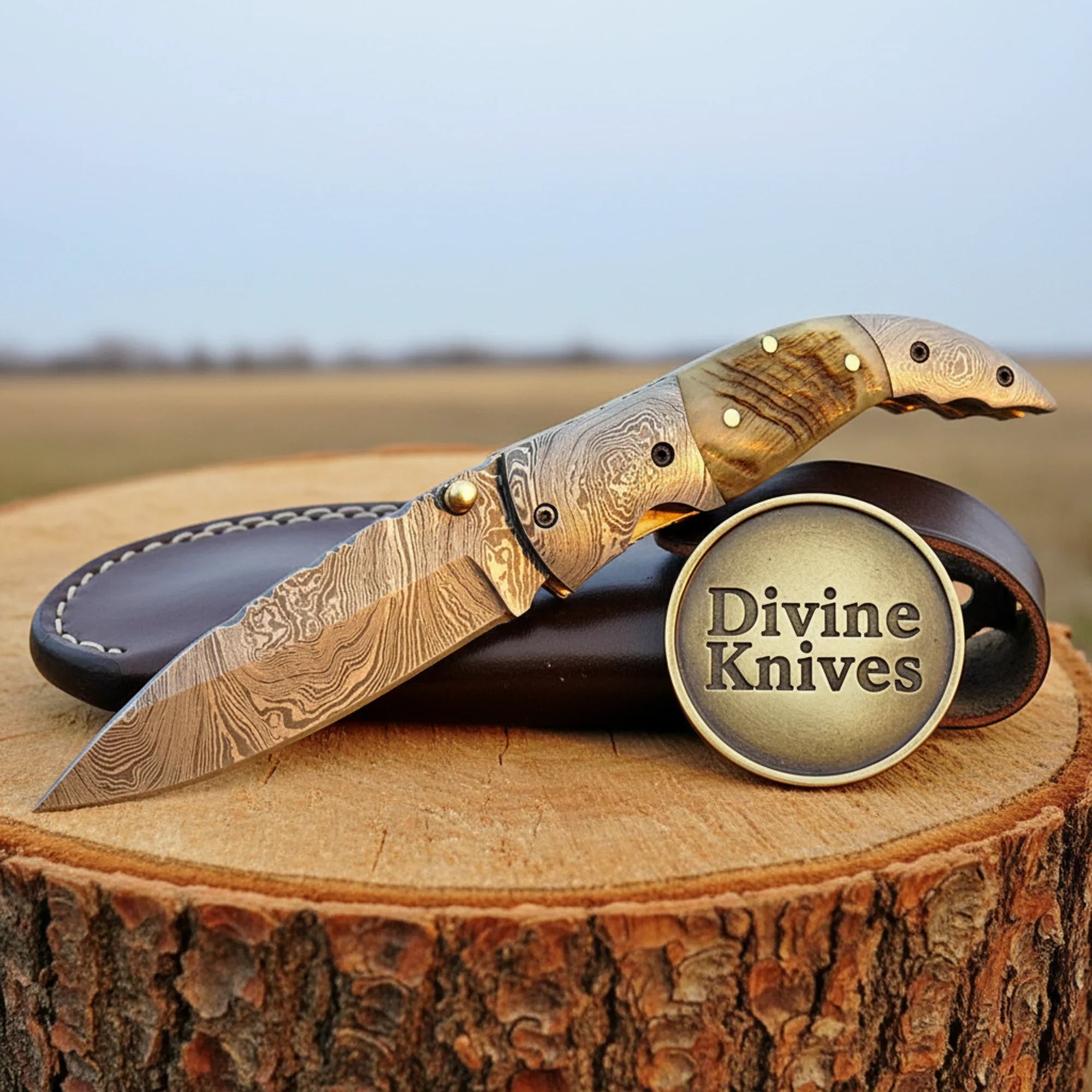 Ram Horn Handle Damascus Hawkbill Knife with Leather Sheath