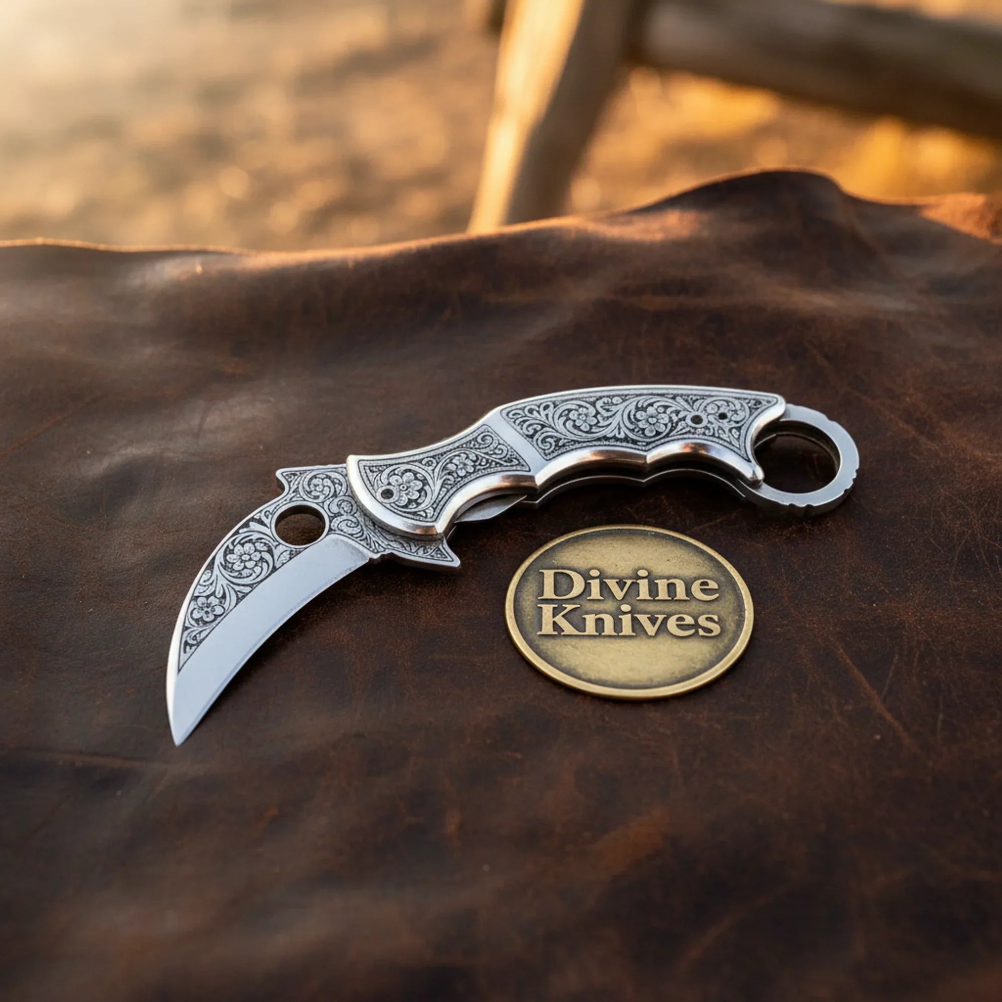Engraved High Carbon Steel Karambit Style Knife with Mirror Polish Finish