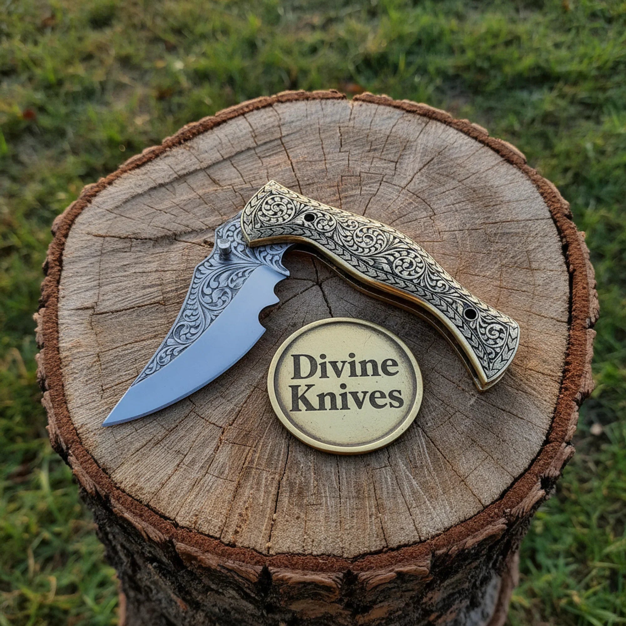 Hand-Engraved Folding Knife with Brass Handle – Handcrafted Liner Lock Pocket Knife, Art in Your Pocket