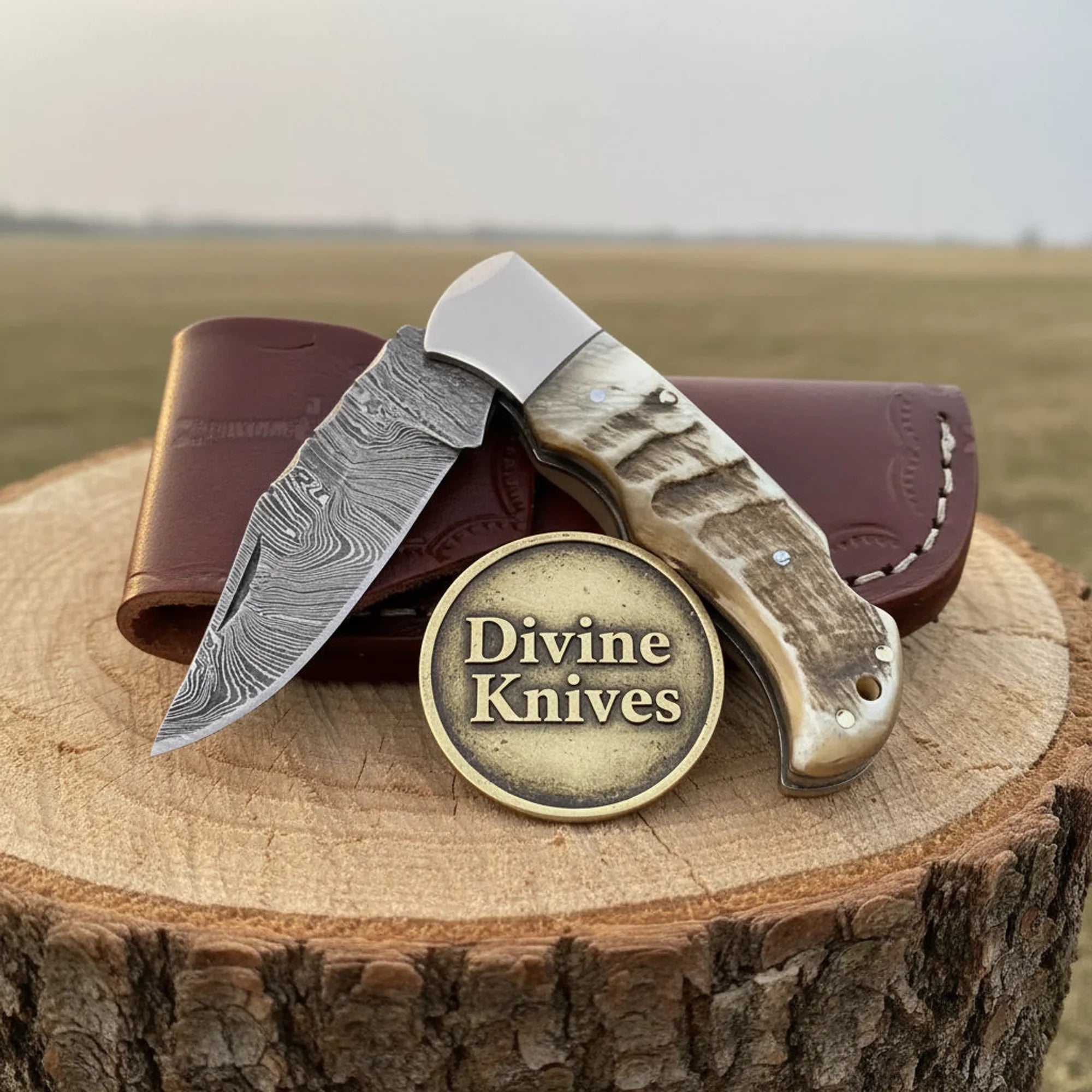 Ram Horn Handle Damascus Back Lock Knife with Steel Bolster