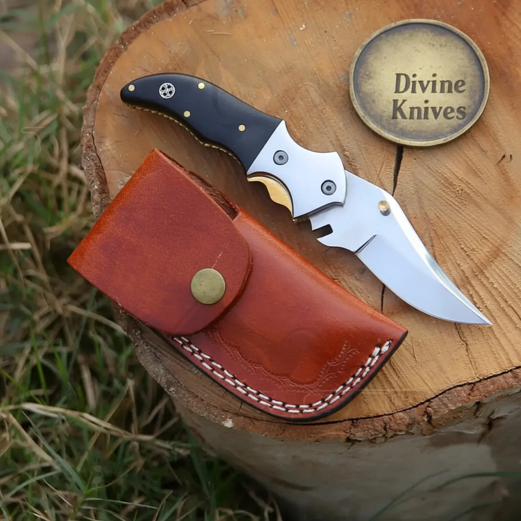 Linear Lock Folding Knife with Black Resin Handle and Cowhide Leather Sheath
