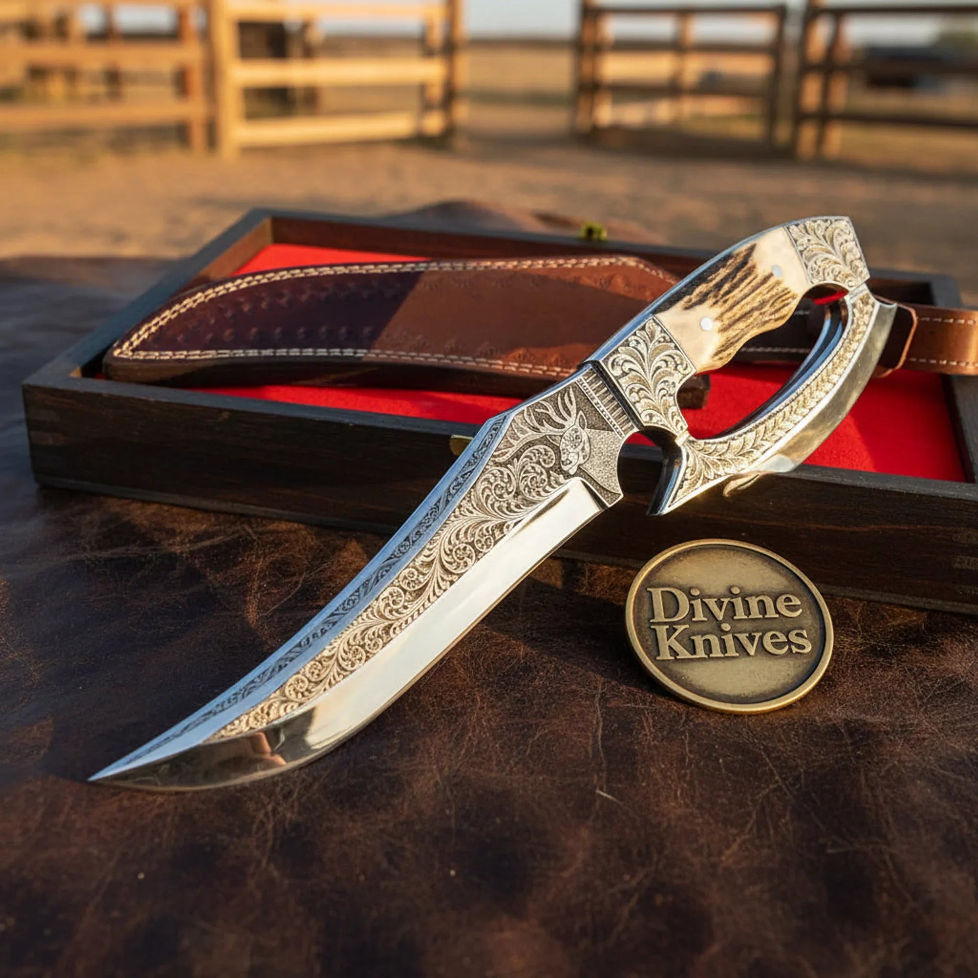 Damascus Skinner Knife with Basket Weave Leather Sheath