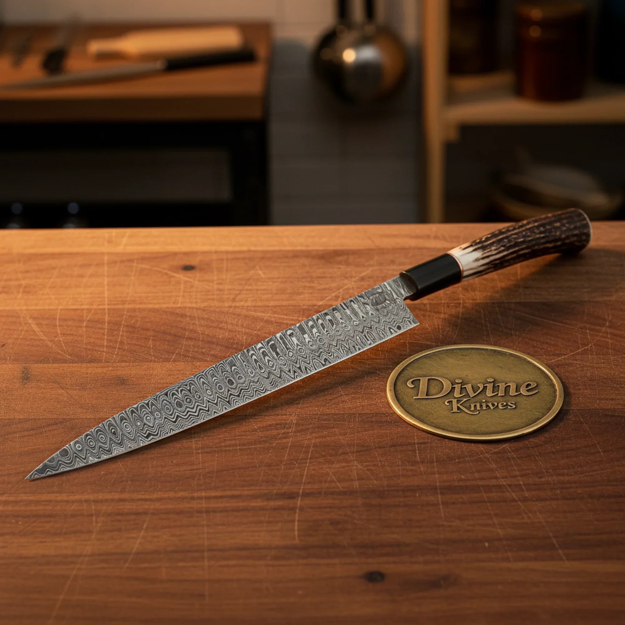 Damascus Chef Knife with Resin Handle – Handcrafted Green & Cream Kitchen Knife