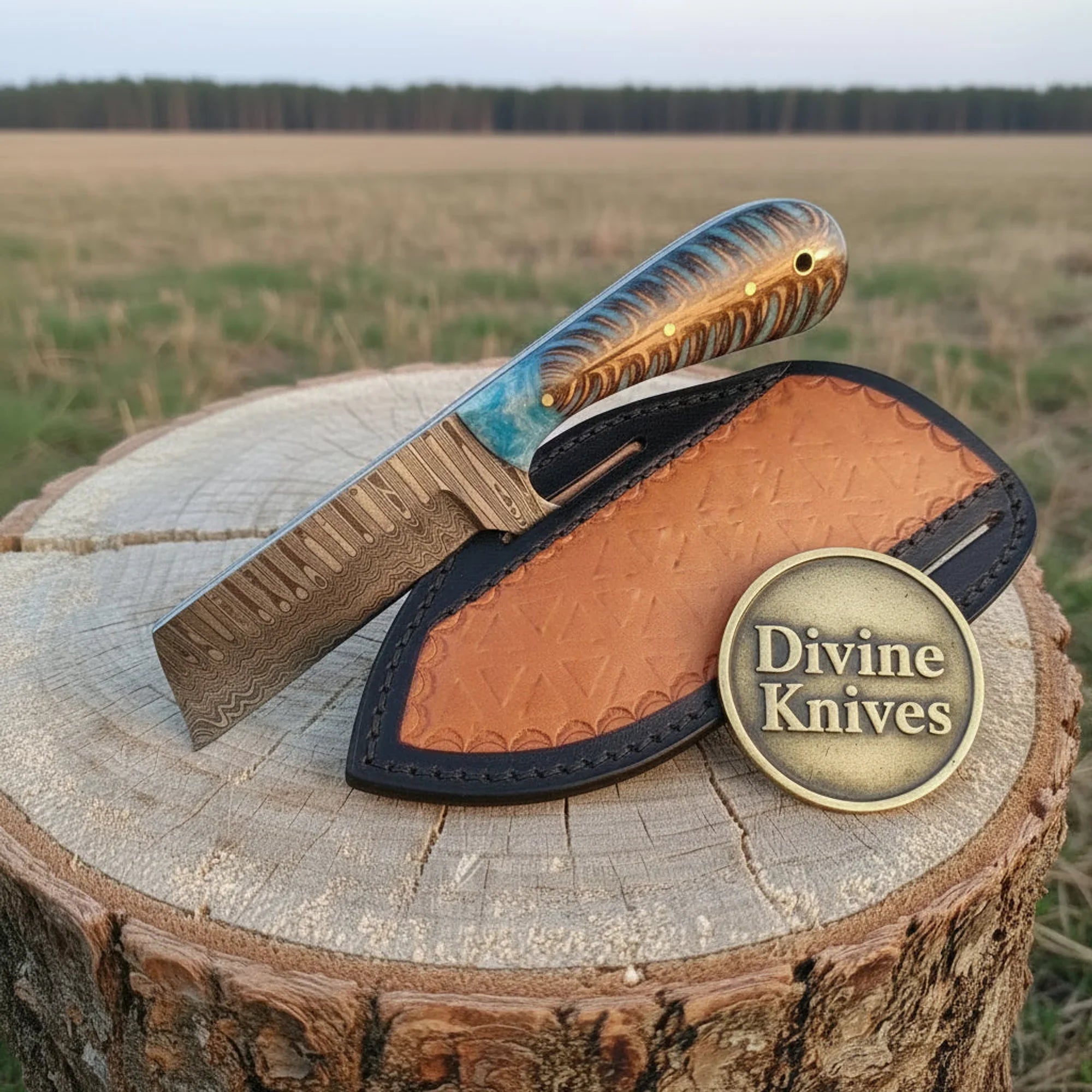 Teal Wood Handle Damascus Comb Back Knife for Everyday Carry
