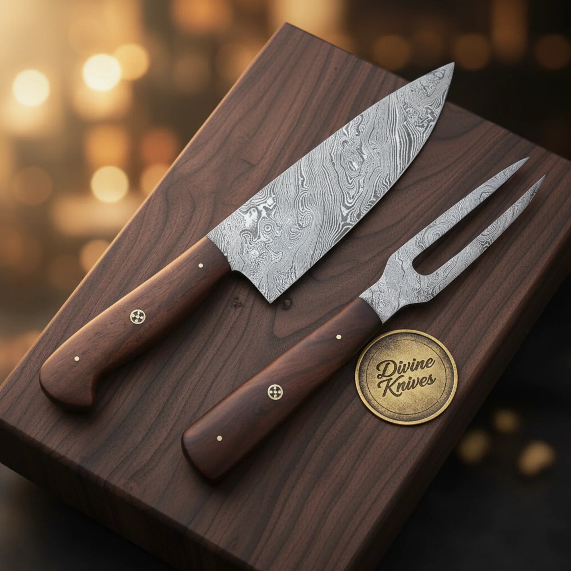 Twin Damascus Hunting Knife Set with Serrated Blades and Brass Handles