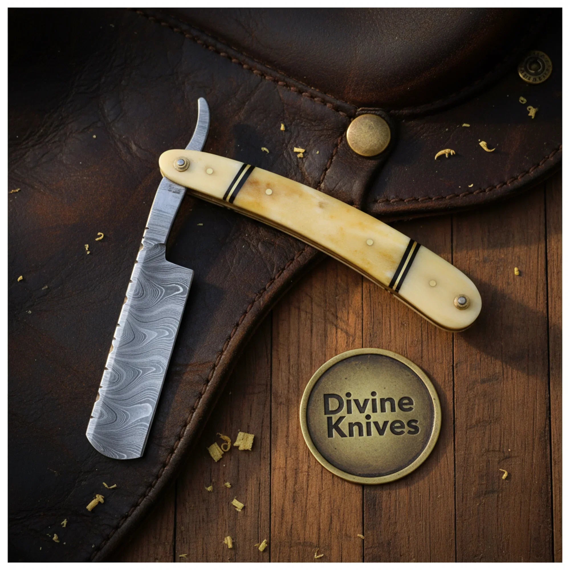 Blue Handle Damascus Folding Knife Set with Carrying Pouch