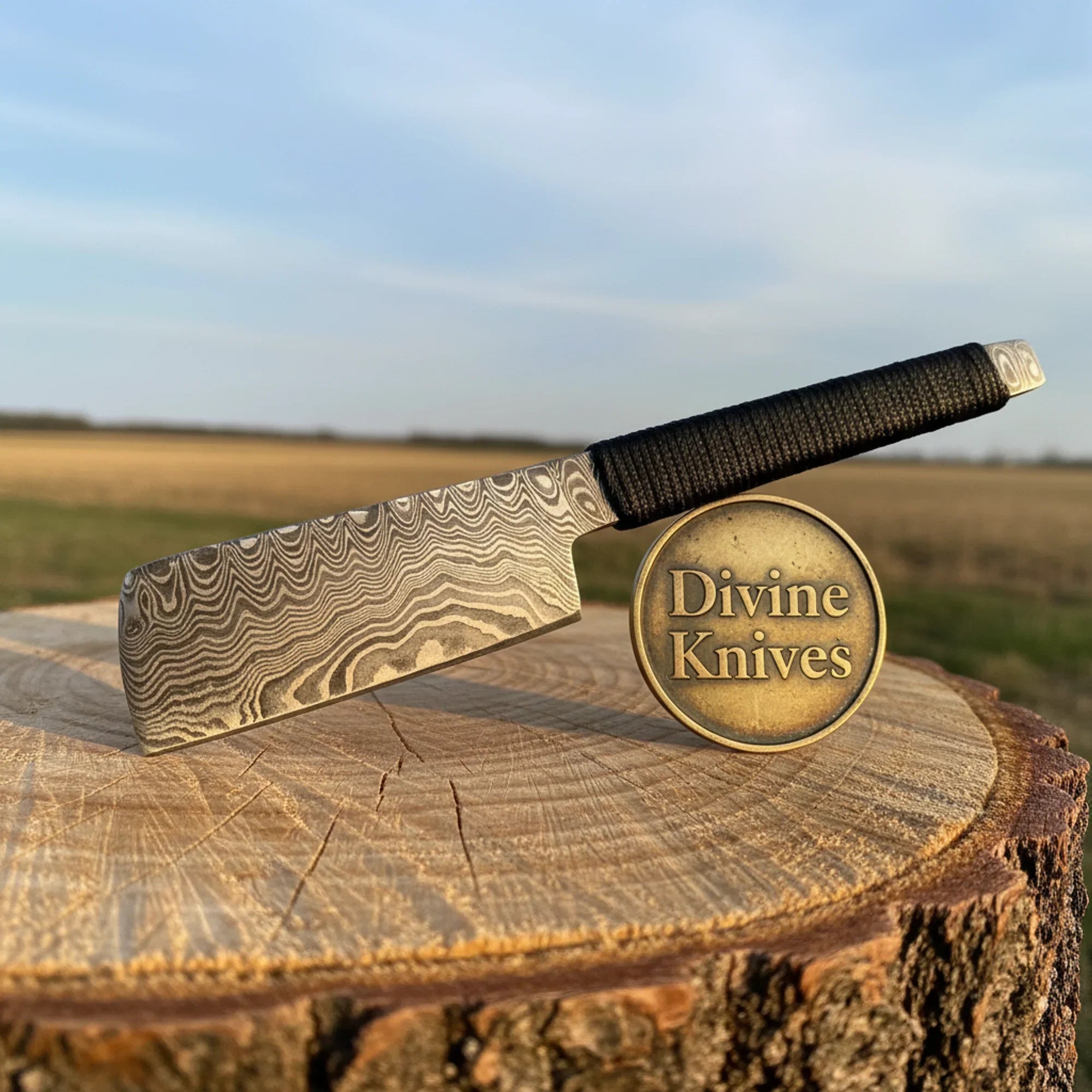 Compact Damascus Mini Cleaver with Cord-Wrapped Handle