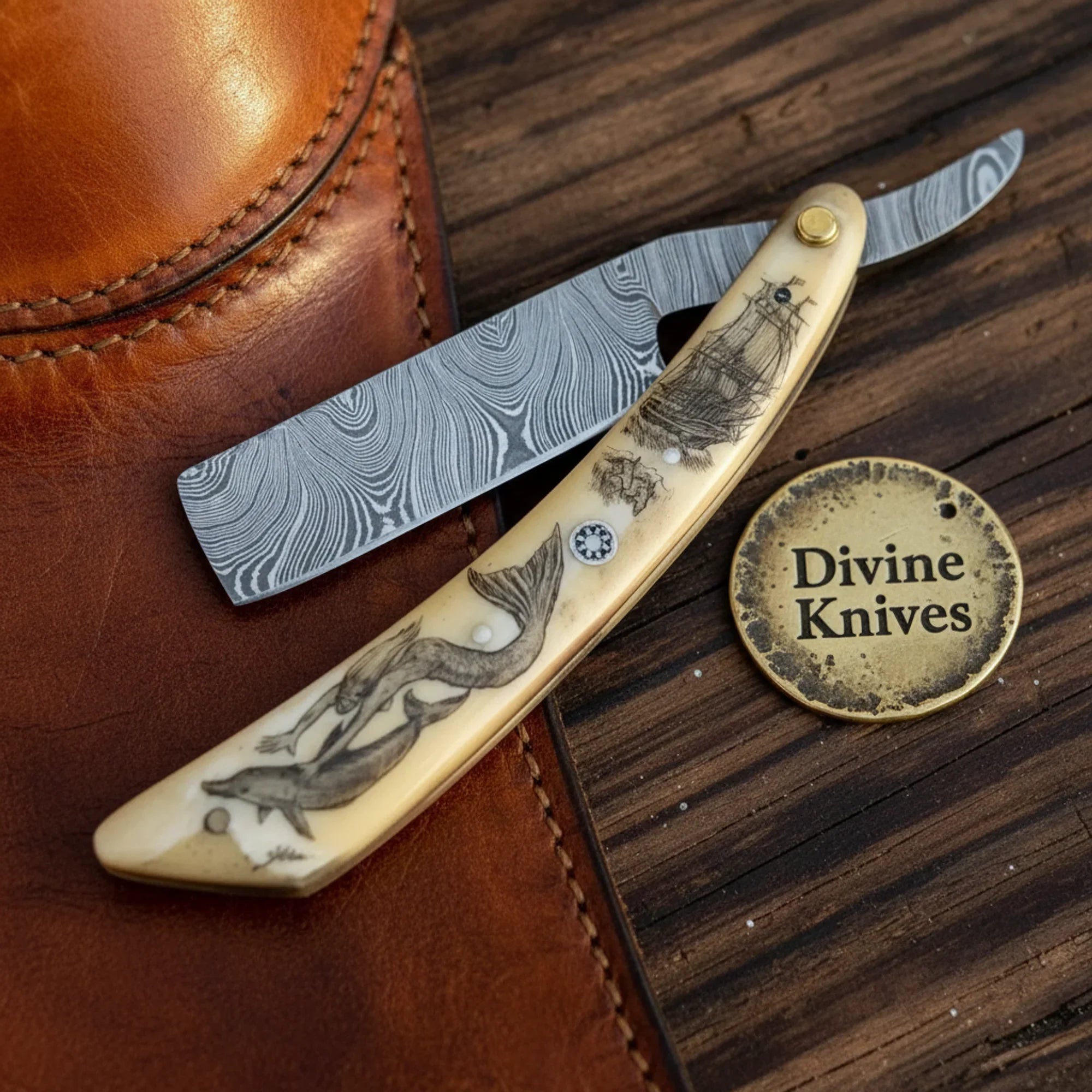 Damascus Straight Razor with Olive Wood Handle & Leather Pouch – Handcrafted Cut-Throat Razor for Travel