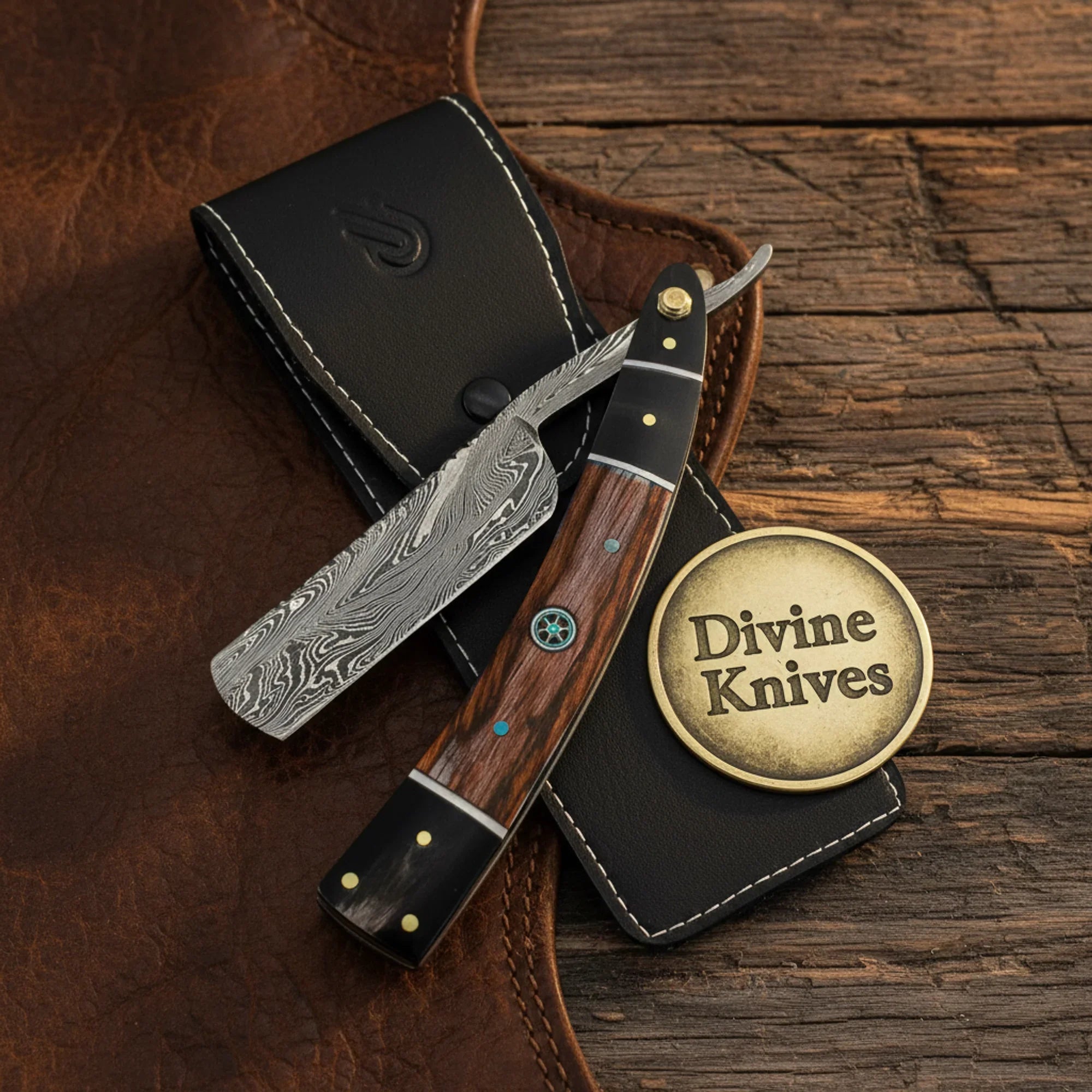 Damascus Straight Razor with Rosewood Handle & Turquoise Pin – Handcrafted Cut-Throat Razor with Western Accent