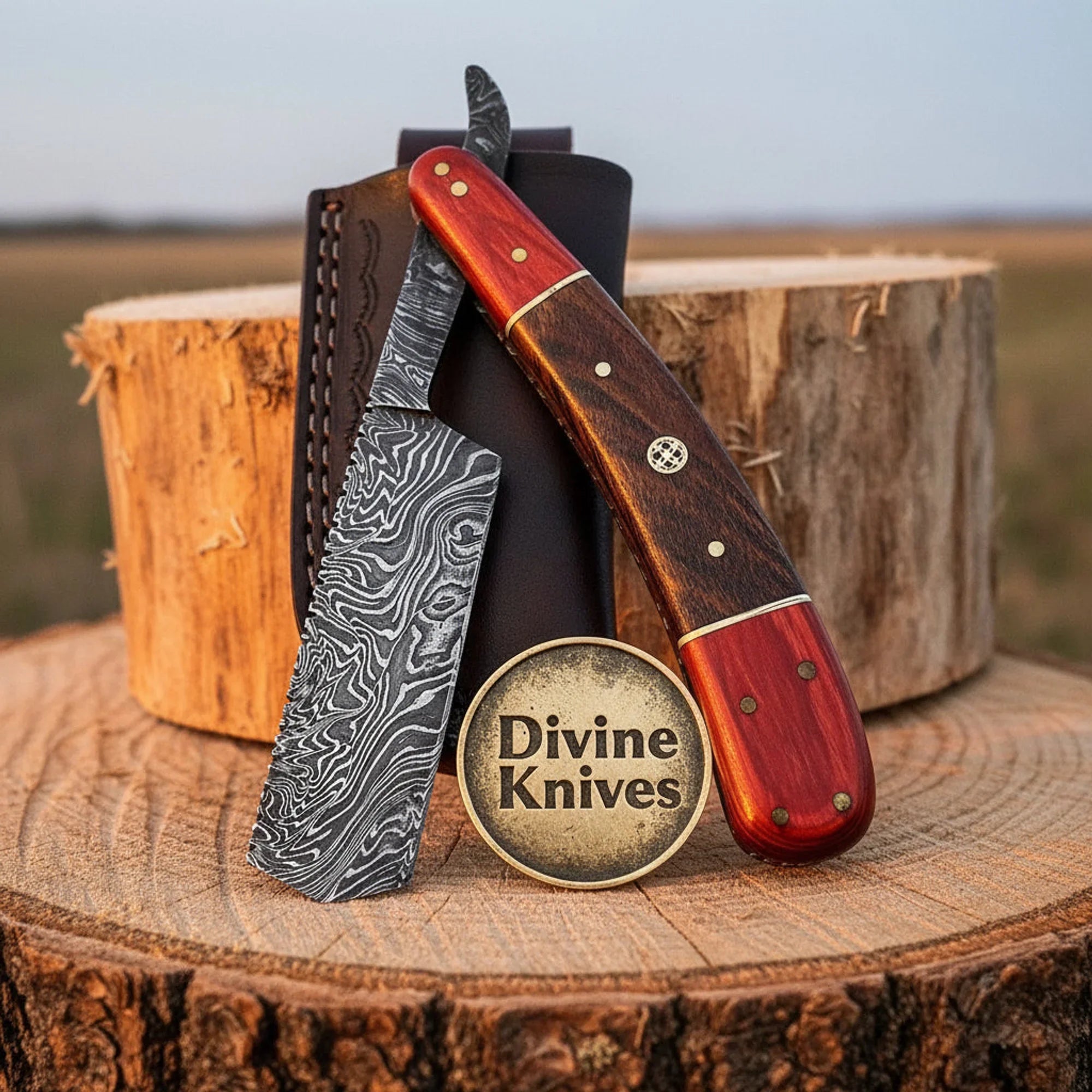Rosewood & Tali Damascus Straight Razor – Handcrafted Cut-Throat Razor with Brass Pins & Sheath