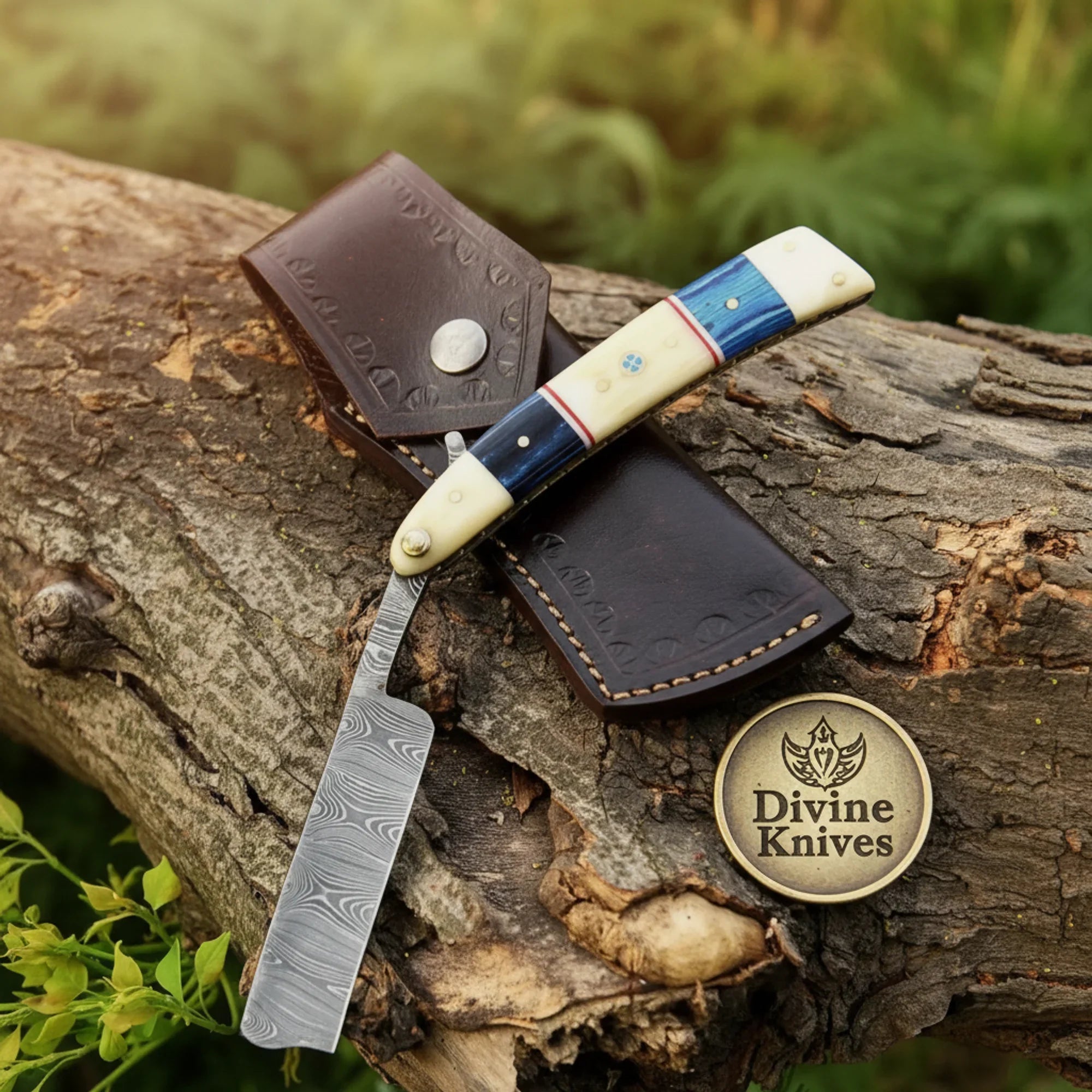 Blue Pakkawood & Camel Bone Straight Razor – Handcrafted Cut-Throat Razor with 4-Inch Blade