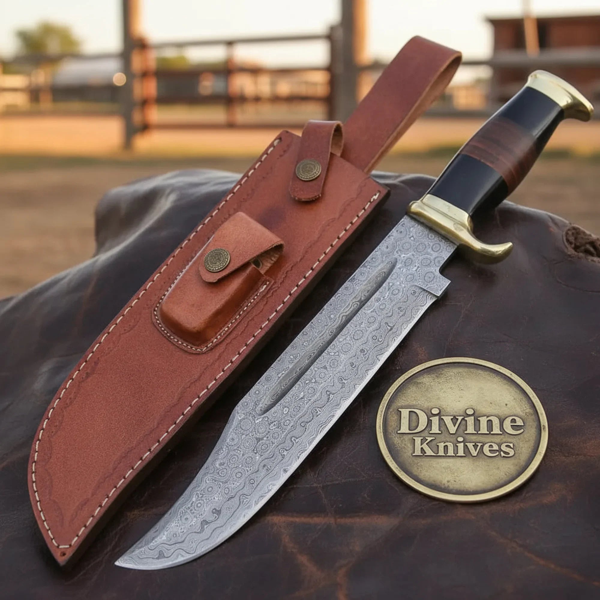 Damascus Bull Cutter Knife with Heavy-Duty D-Guard Handle