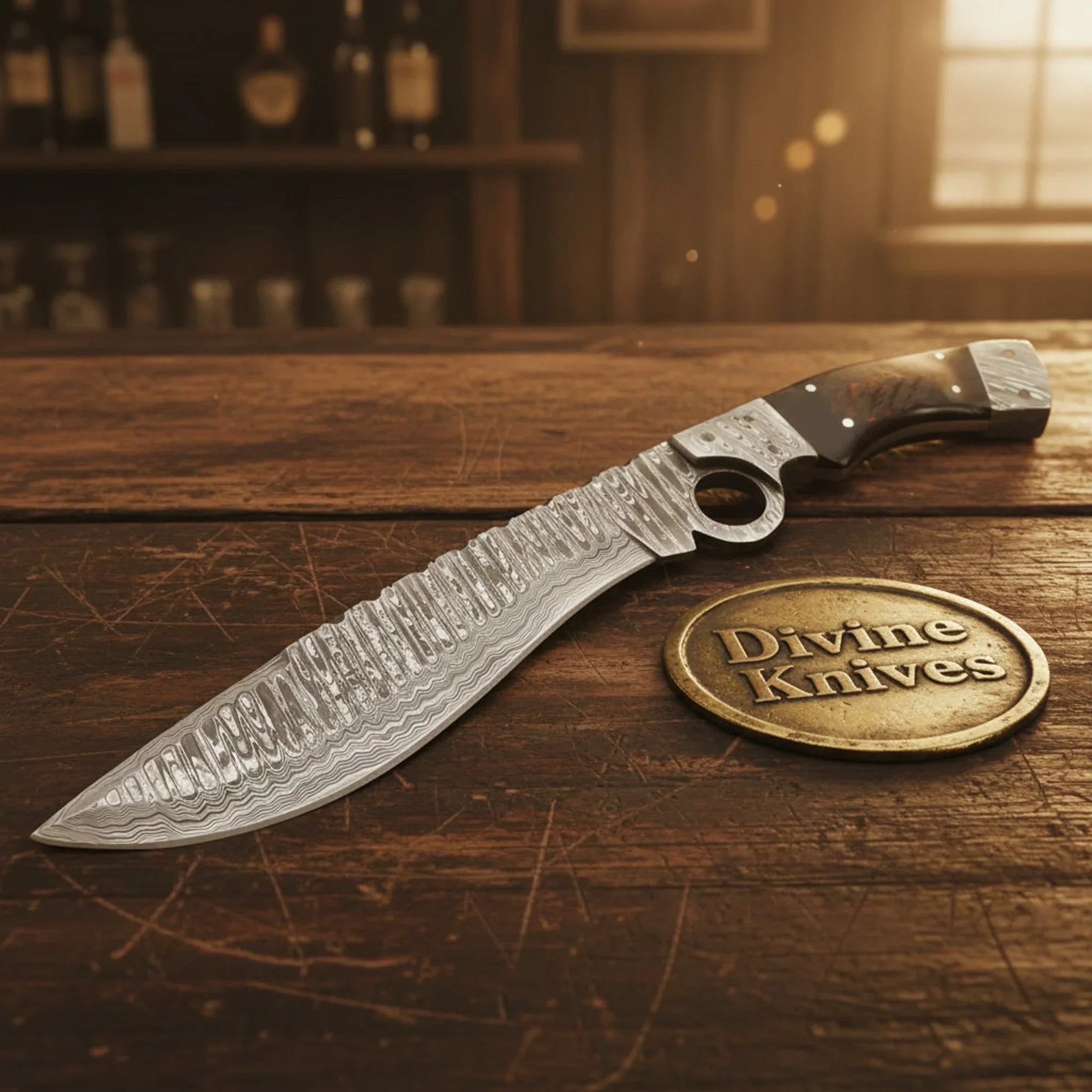 Burl Wood Handle Damascus Bowie Knife for Outdoor Adventures