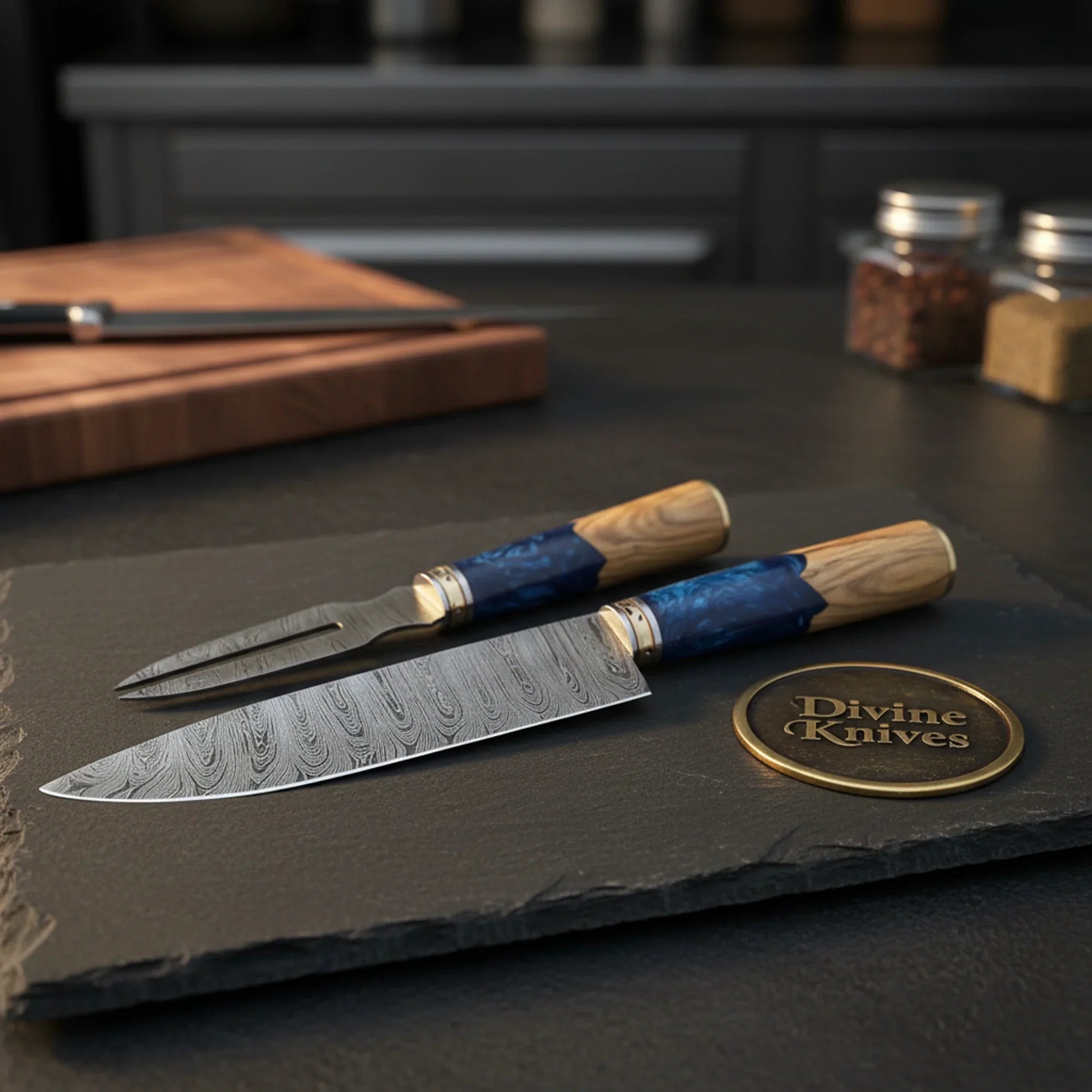 Damascus Carving Knife and Fork Set for Steak Night and Special Occasions