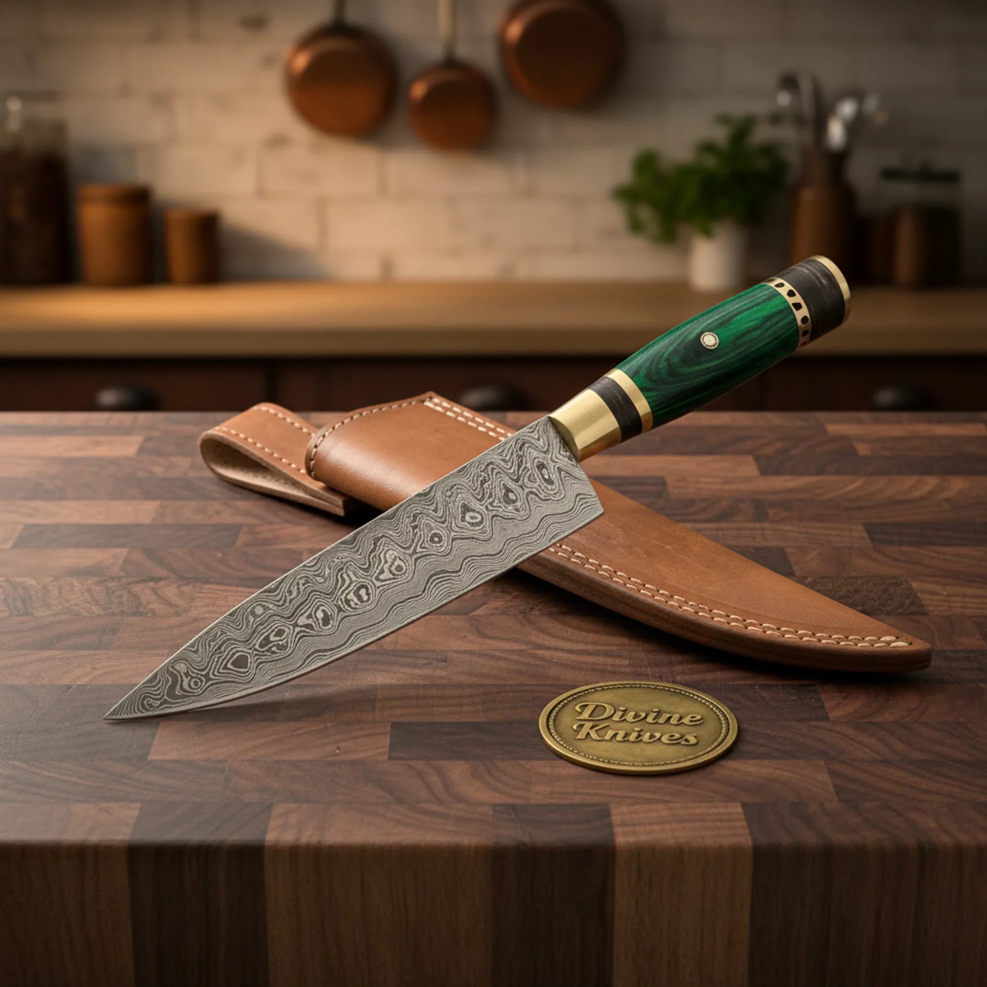 Wenge Handle Chef Knife with Damascus Blade & Sheath – Handmade Kiritsuke