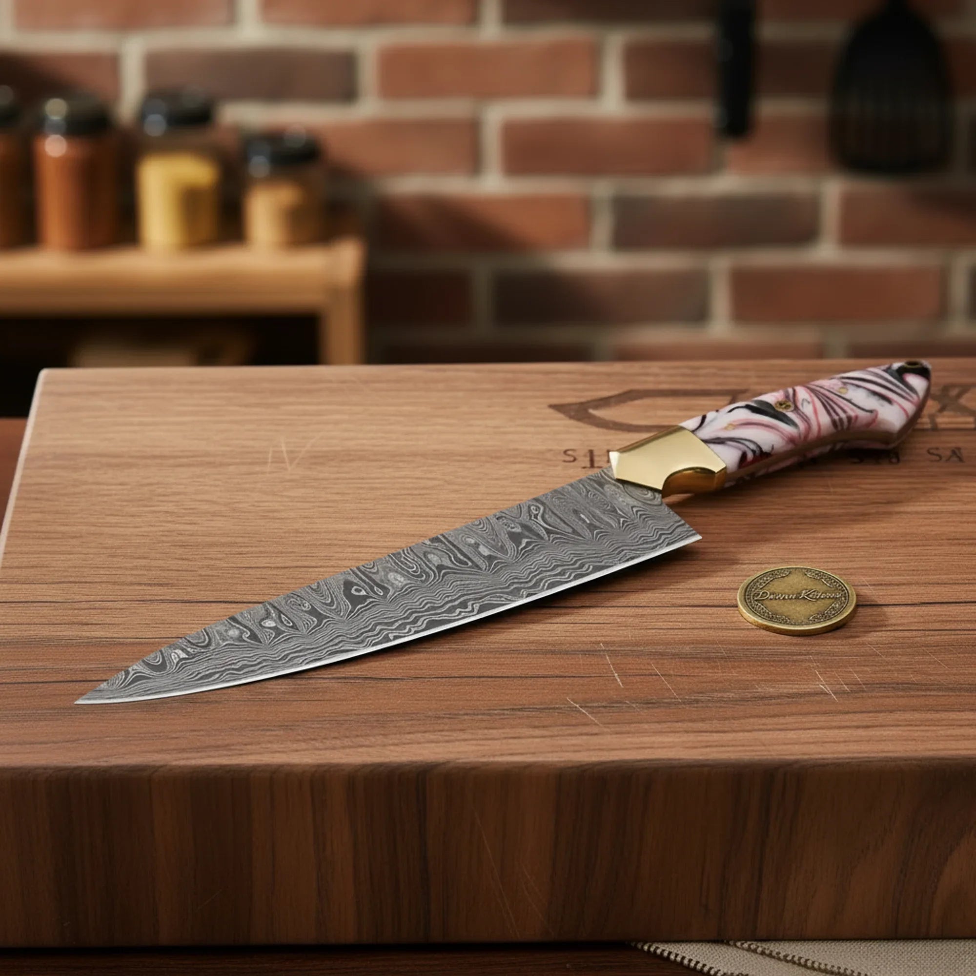 Copper Damascus Chef Knife with Bone Handle – Handcrafted Kitchen & Collector&