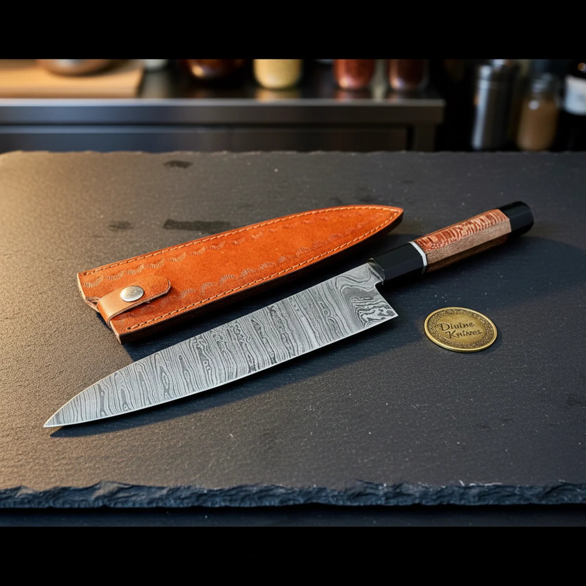 Damascus Gyuto Knife with Red Pakka Handle – Handmade Chef Knife